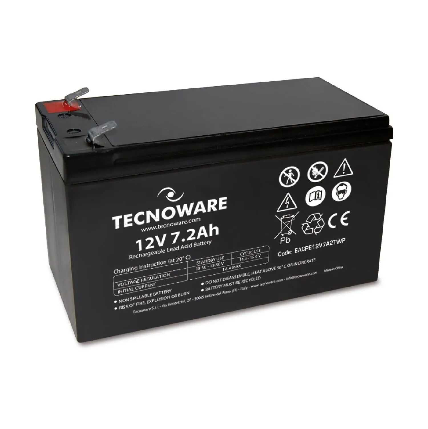 Tecnoware Power Systems, Batteria al Piombo 12V 7.2Ah, Per UPS, Videosorveglianza e Allarme, Attacco Faston 6.3 mm, Batteria di Lunga Durata, Nero, 7.2 Ah