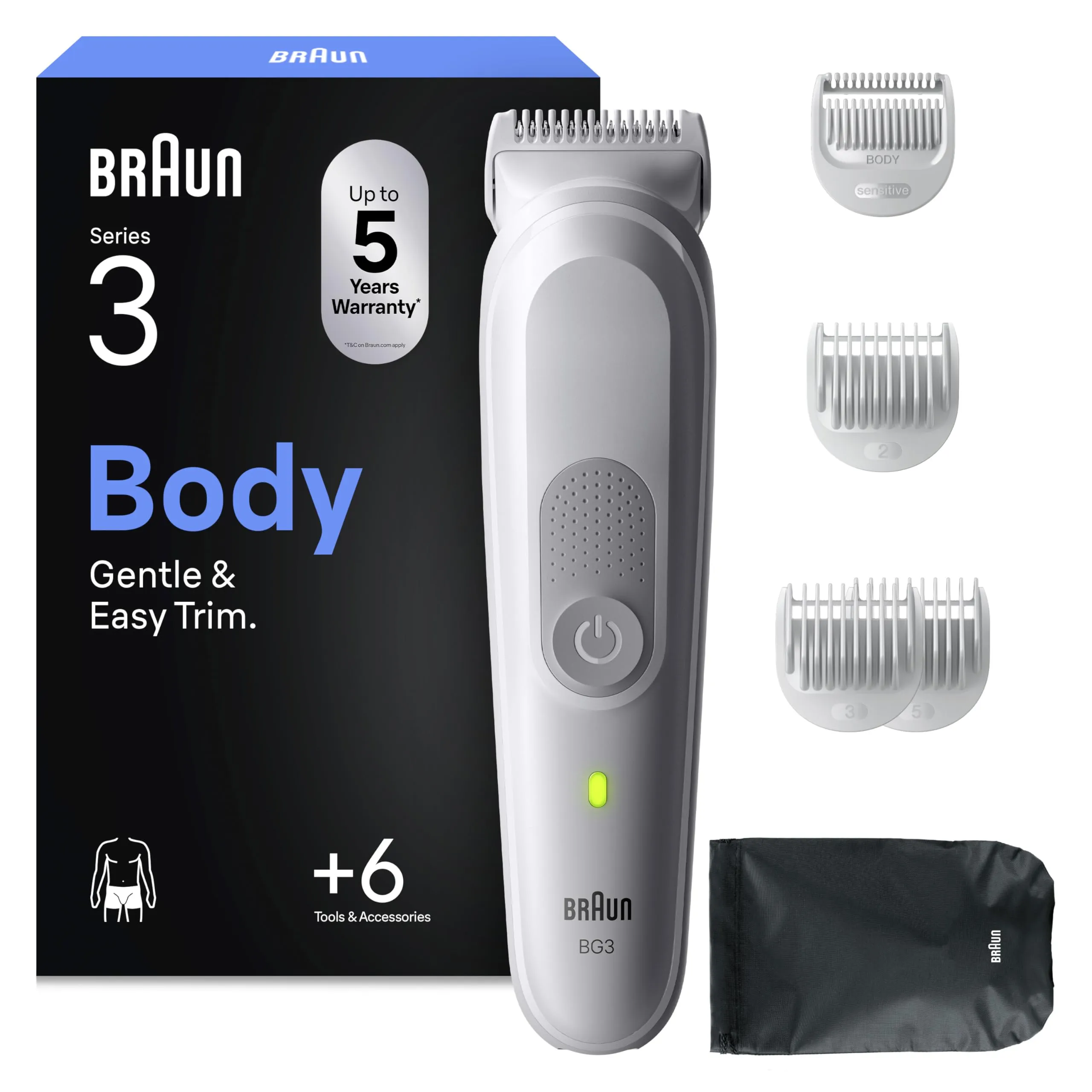 Braun Rasoio Elettrico Corpo Uomo Series 3, +6 Strumenti Di Rasatura, Con Tecnologia SkinGuard, 80 Min Di Utilizzo, Impermeabile, Rasoio Parti Intime Uomo, BG3575, Grigio