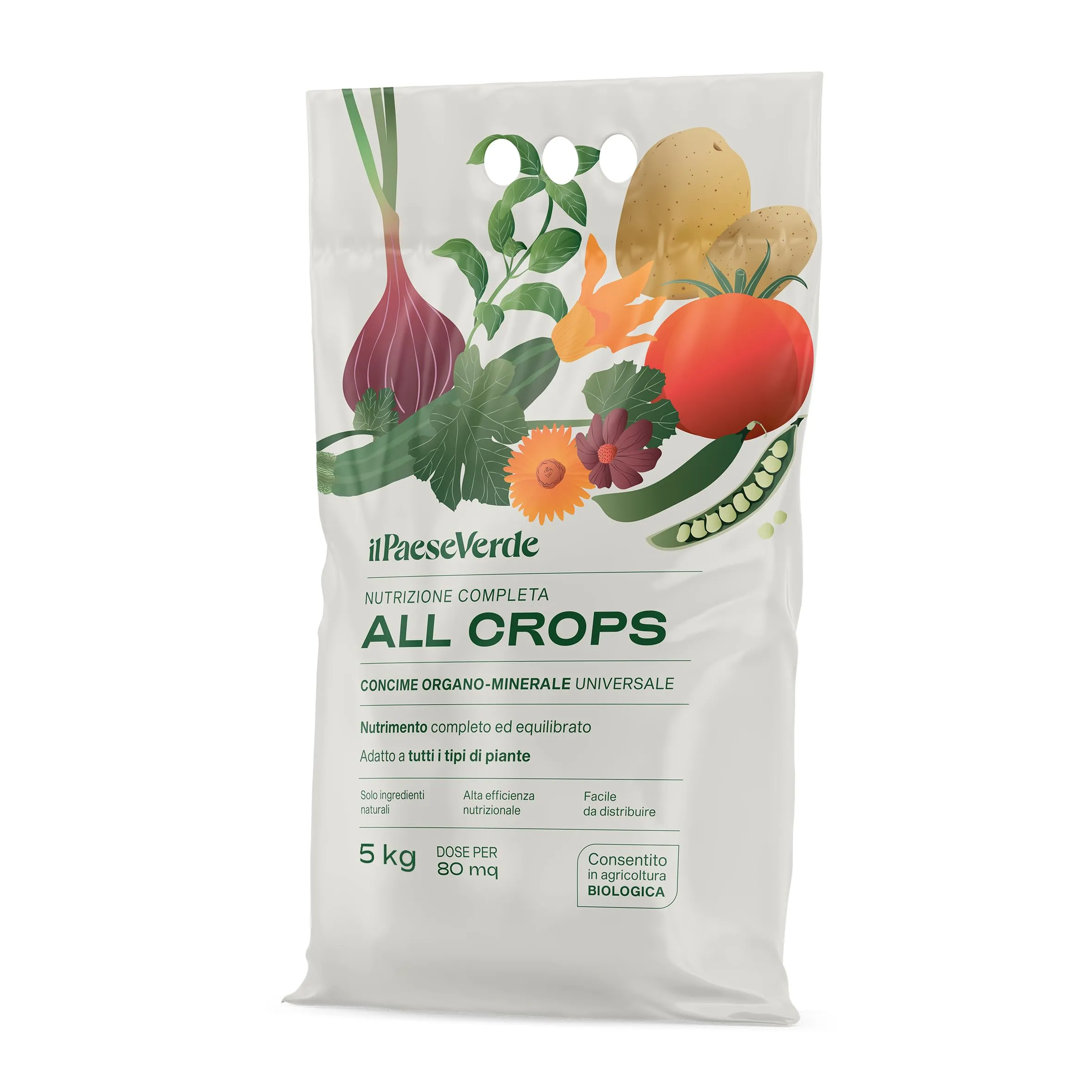 Concime All Crops 5kg. Concime organo minerale adatto a tutti i tipi di colture. Può essere usato nell’orto, in giardino e in vaso. Formulazione micropellet facile da distribuire.