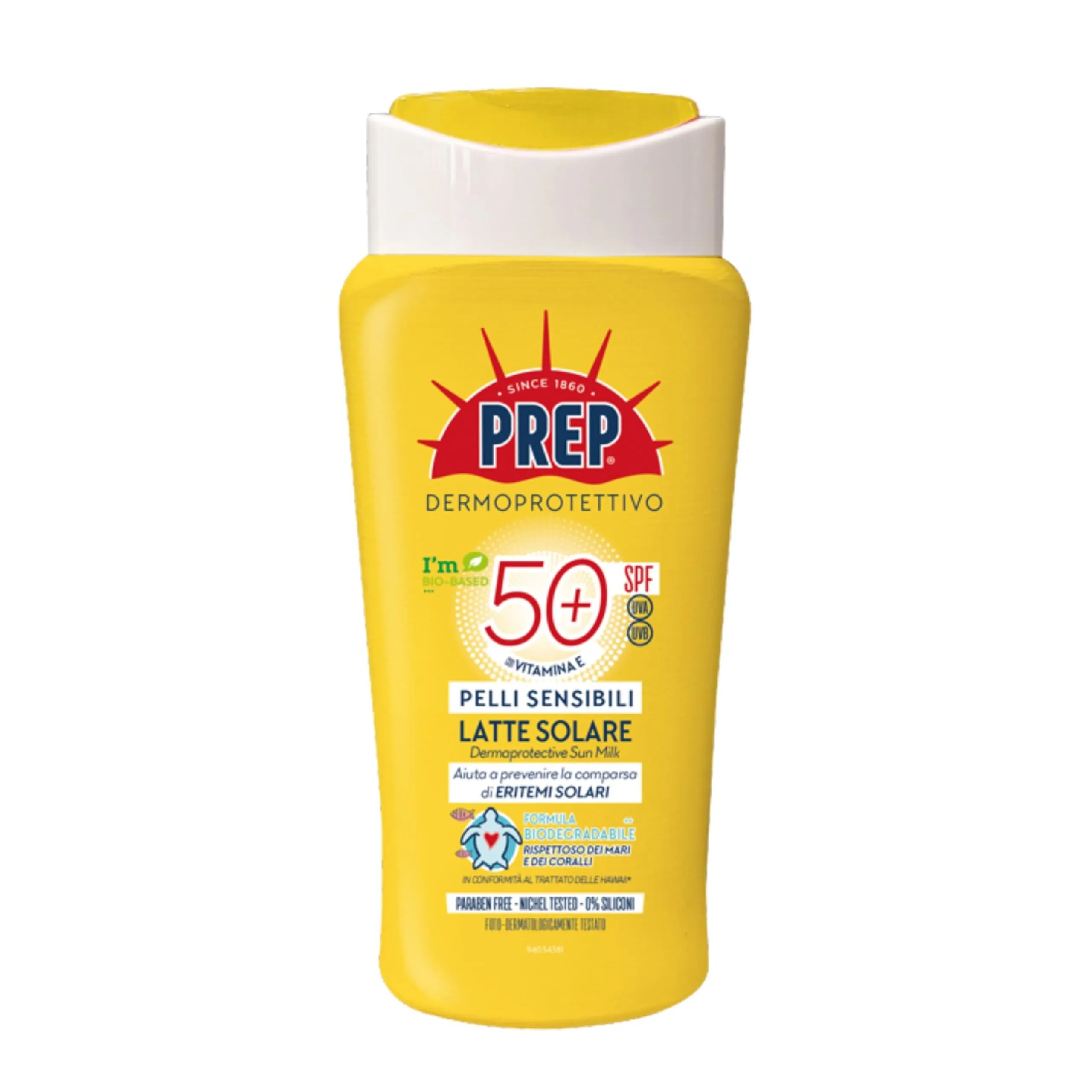 PREP, Crema Solare SPF50 +, Protezione Solare, Protezione Raggi UVA/UVB, per Pelli Sensibili e Delicate, senza Parabeni, Formato 200 ml