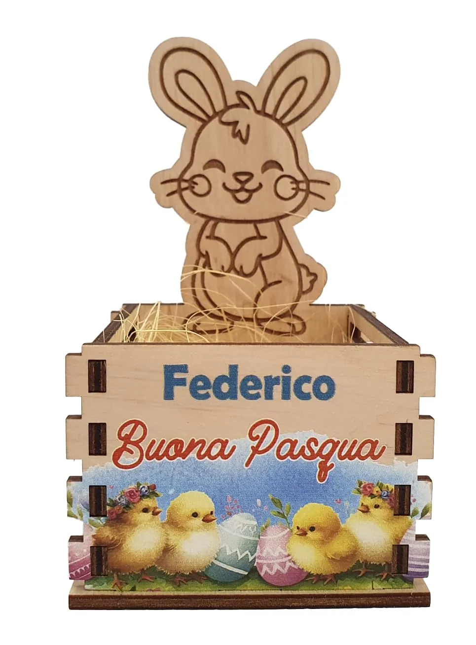 Cestino Pasquale porta uovo kinder od ovetti di cioccolato porta cioccolatini in legno con coniglietto e grafica a colori personalizzata - idea regalo pasqua - contenitore personalizzato