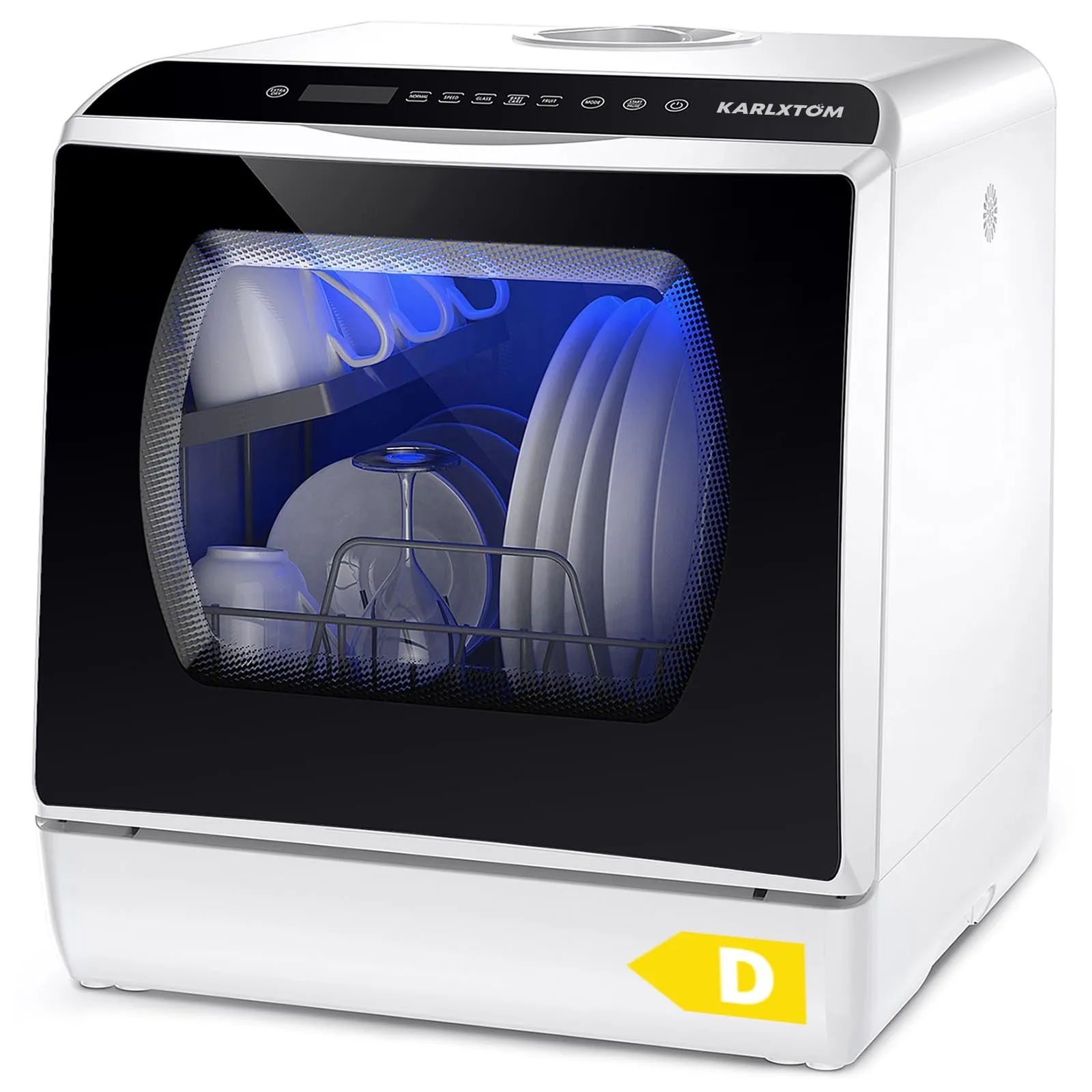 Karlxtom Lavastoviglie portatile, Lavastoviglie Piccola da Appoggio con Doppia Modalità di Alimentazione Dell'acqua, Lavaggio a 360°, 6 Programmi, Controllo touch, Display a LED, Bianca