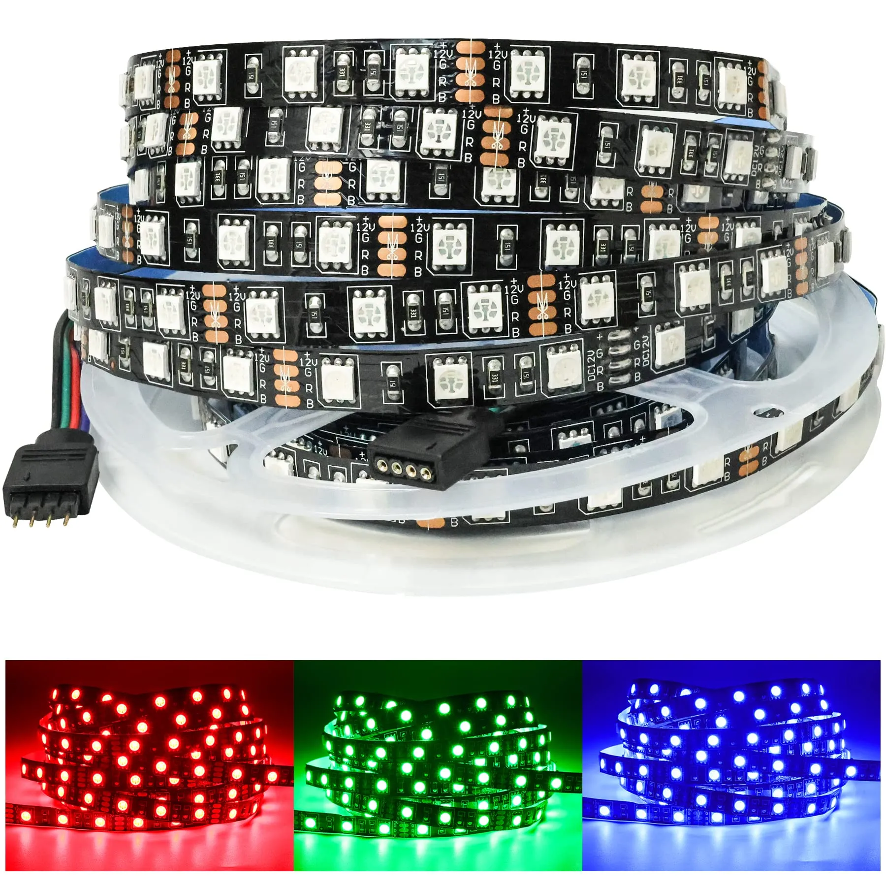 Tesfish 5M Striscia LED RGB 12V Nero PCB Board SMD 5050 300 LEDs Nastri Led per Camera da Letto, Decorazione Cucina
