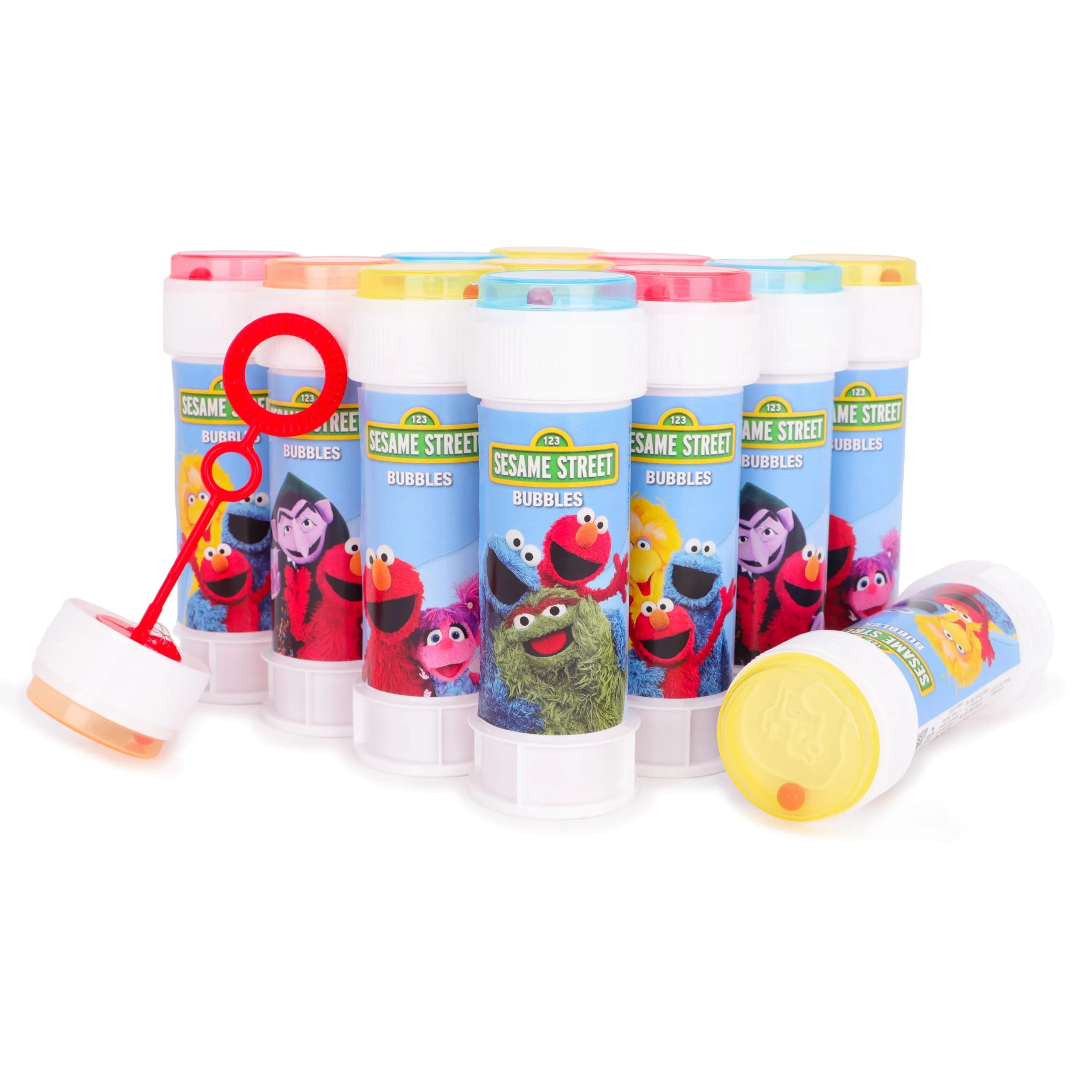 Toyland® Confezione da 12 bolle di sapone Sesame Street con bacchette, soluzione da 60 ml e coperchio a labirinto - Giocattoli per paghette e sacchetti regalo