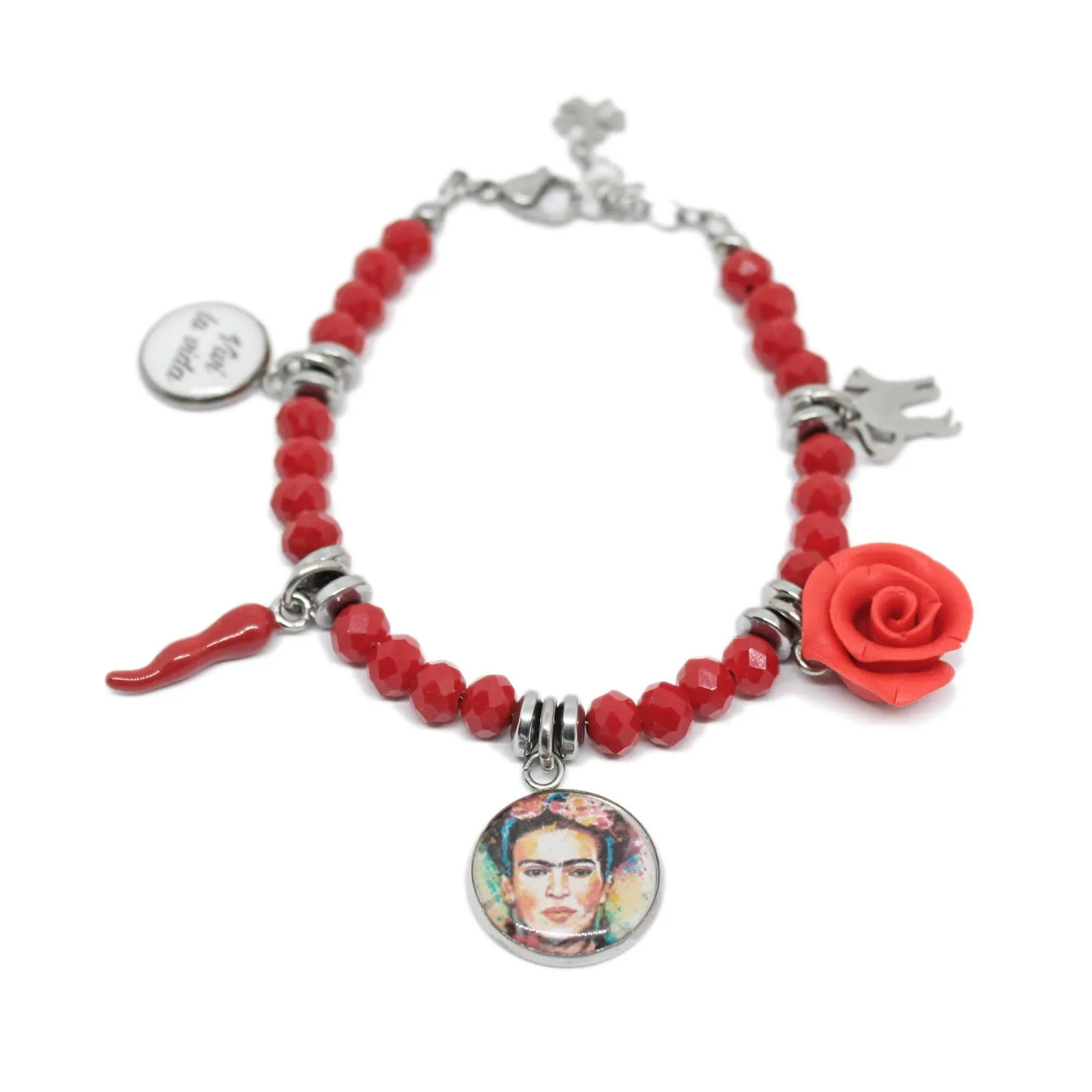 Bracciale cristalli rossi ispirato a Frida con charms