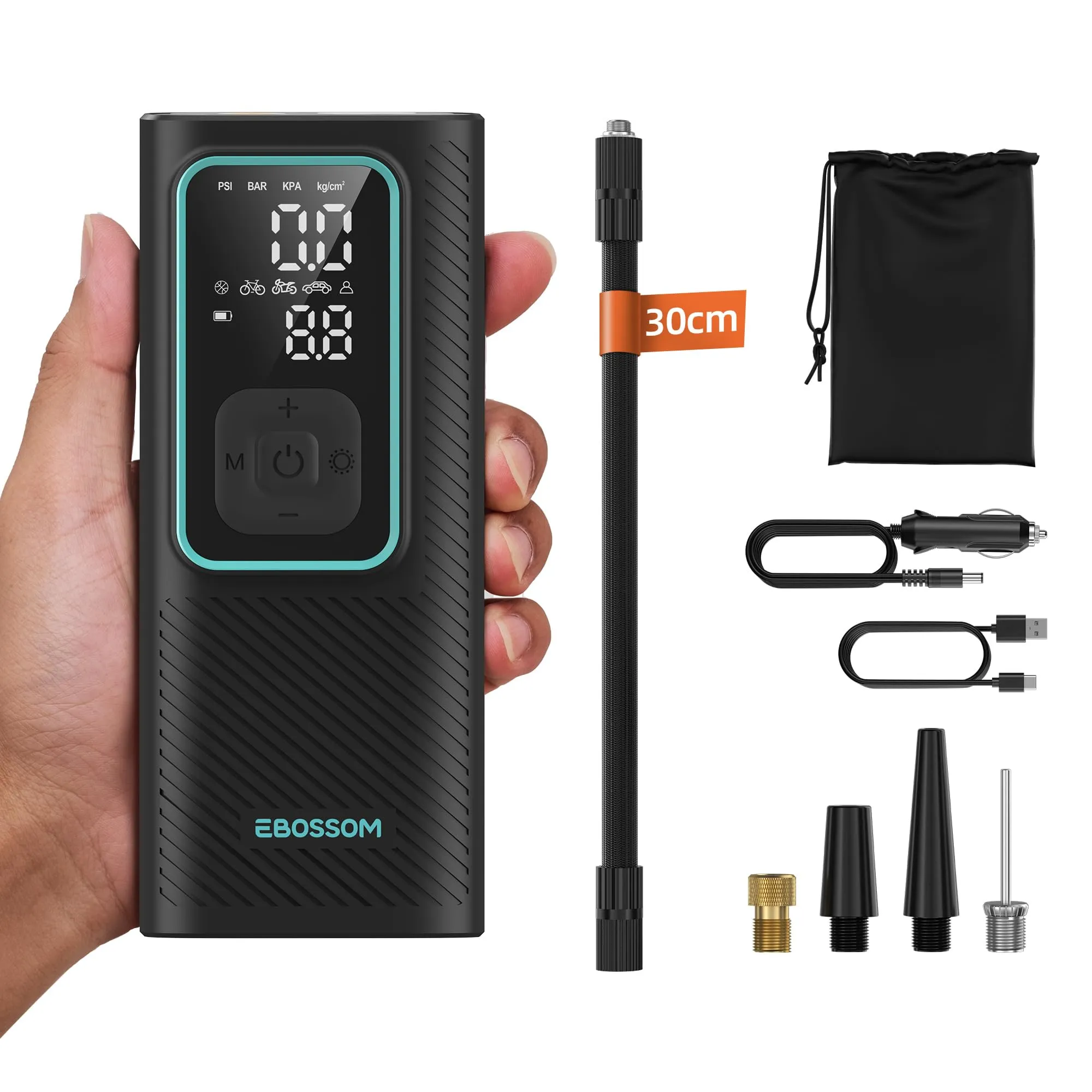 Compressore Aria Portatile, Mini Compressore Portatile 150PSI, Gonfiatore Elettrico a Batteria 6000mAh e 12V DC, Accessori per Auto, Moto, Bici, Pompa Elettrica con Luce LED e Arresto Automatico