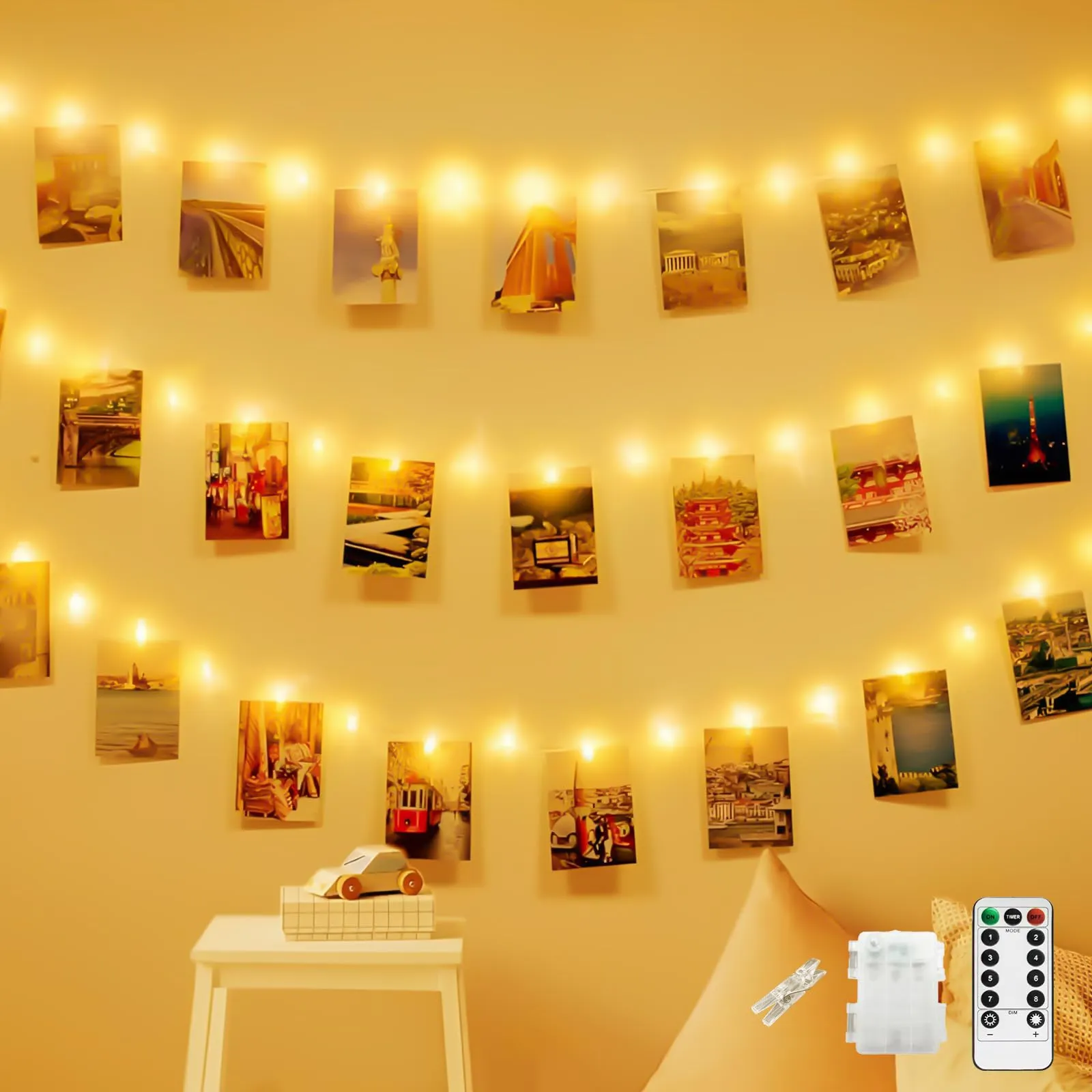 CNMTCCO 100 luci a LED con clip per foto, 10 m, alimentate a batteria, con 50 clip per appendere foto, con telecomando, 8 modalità, luci per camera da letto, matrimoni, feste, compleanni, Halloween