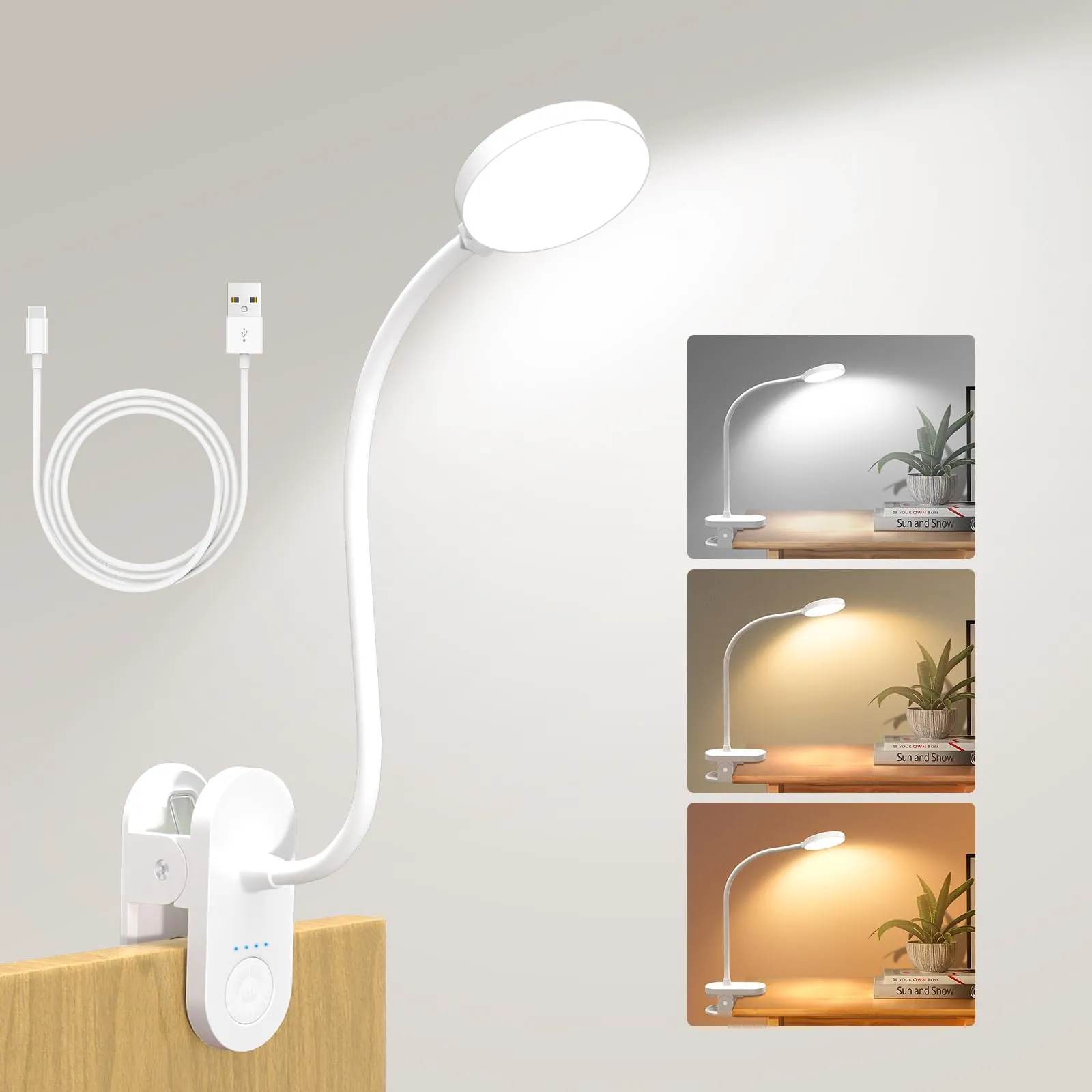 ZAPLIT 61 LED Lampada da Lettura a Clip Ricaricabile USB-C – 3 Temperature Colore & 10 Luminosità, 2000mAh, Collo Flessibile 40cm, per Camera da Letto, Scrivania e Campeggio