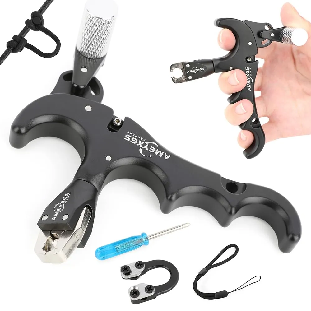 AMEYXGS Tiro con L'Arco Release Aid 4 Dita Ausili per Il Rilascio per Arco Compound e Corda D Loop Rilascio in Lega di Alluminio con Calibro Rotante a 360° RH/LH (Nero)