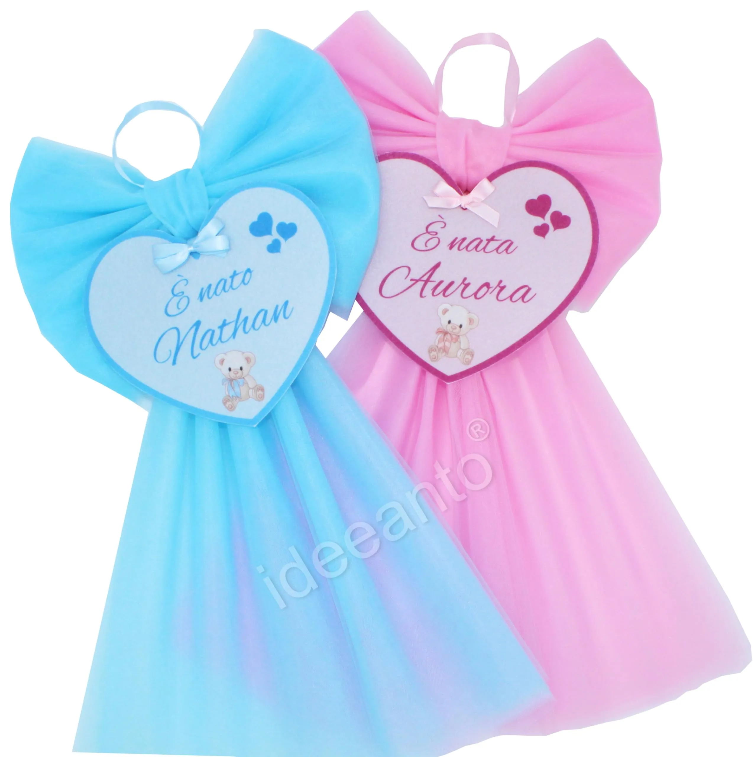 Fiocco nascita tulle bimbo bimba personalizzato con nome e frase coccarda nascita fiocco nascita rosa o azzurro bambino bambina (Azzurro)