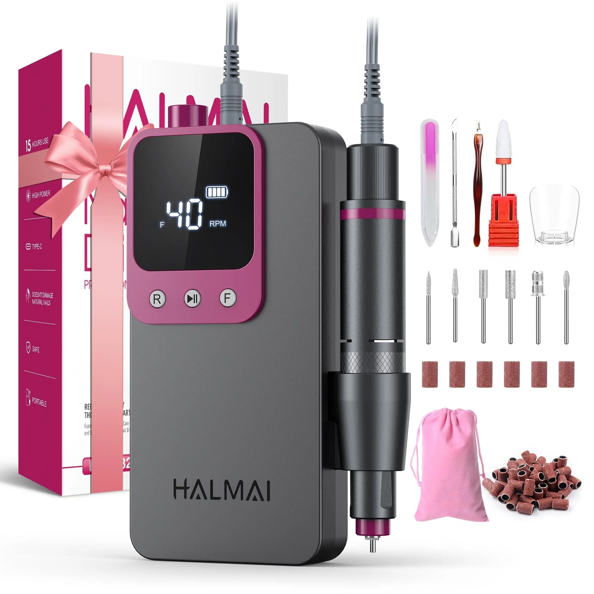 Fresa per unghie professionale, Limetta portatile per gel acrilico, Kit fresa per unghie ricaricabile a batteria 40000 giri al minuto, HMC320 fresa per unghie di qualità da salone (Grigio Scuro)