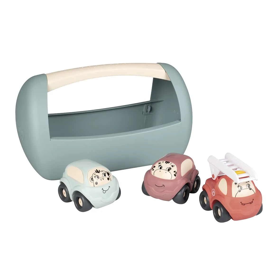 Little Smoby - Set 3 Veicoli - Prima Età - 2 Auto e 1 Camion dei Pompieri - Scatola di Trasporto - Dai 12 Mesi