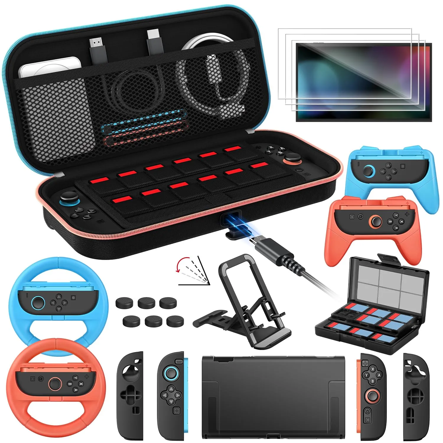 iVoler 21 in 1 Kit di Accessori per Nintendo Switch 2 - Include Custodia di Ricarica, Cover Protettiva, Pellicole Protettive, Volanti, Impugnature, Supporto, Custodia per Schede di Gioco, ecc - Nero