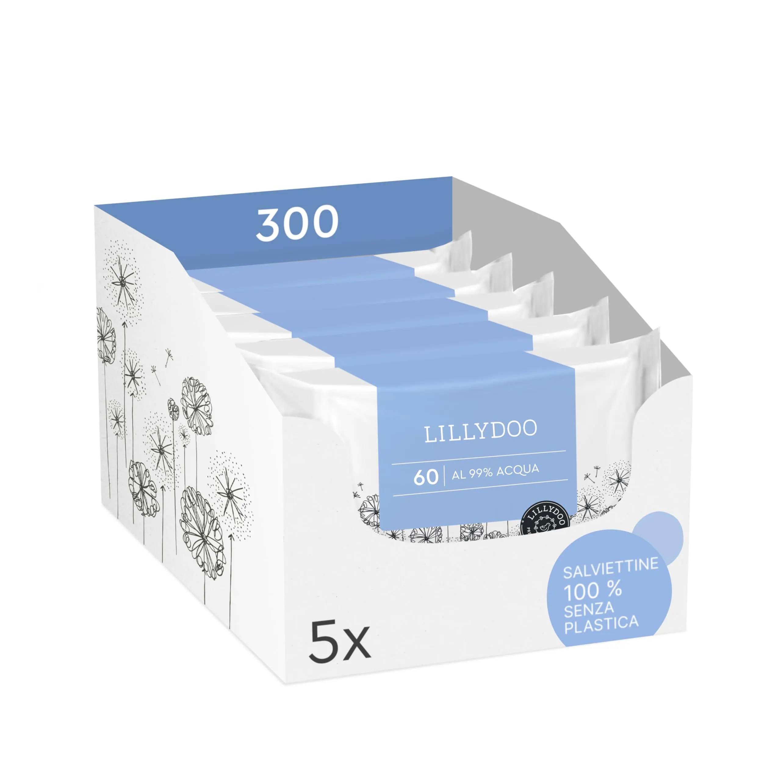 Salviettine umidificate LILLYDOO al 99% acqua, 5 confezioni da 60 pezzi (300 salviettine), 100% senza plastica, senza profumi e delicate come acqua e cotone