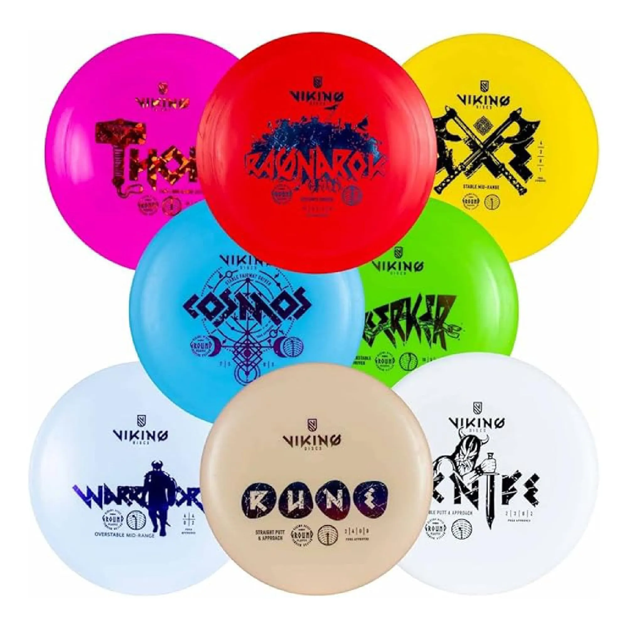 Viking Discs Ground Disc Golf Set – 8 Dischi Frisbee per Ogni Distanza, Approvato PDGA – Funsport all'aperto per Adulti e Bambini – Putter, Mid-Range, Fairway Driver, Distance Driver