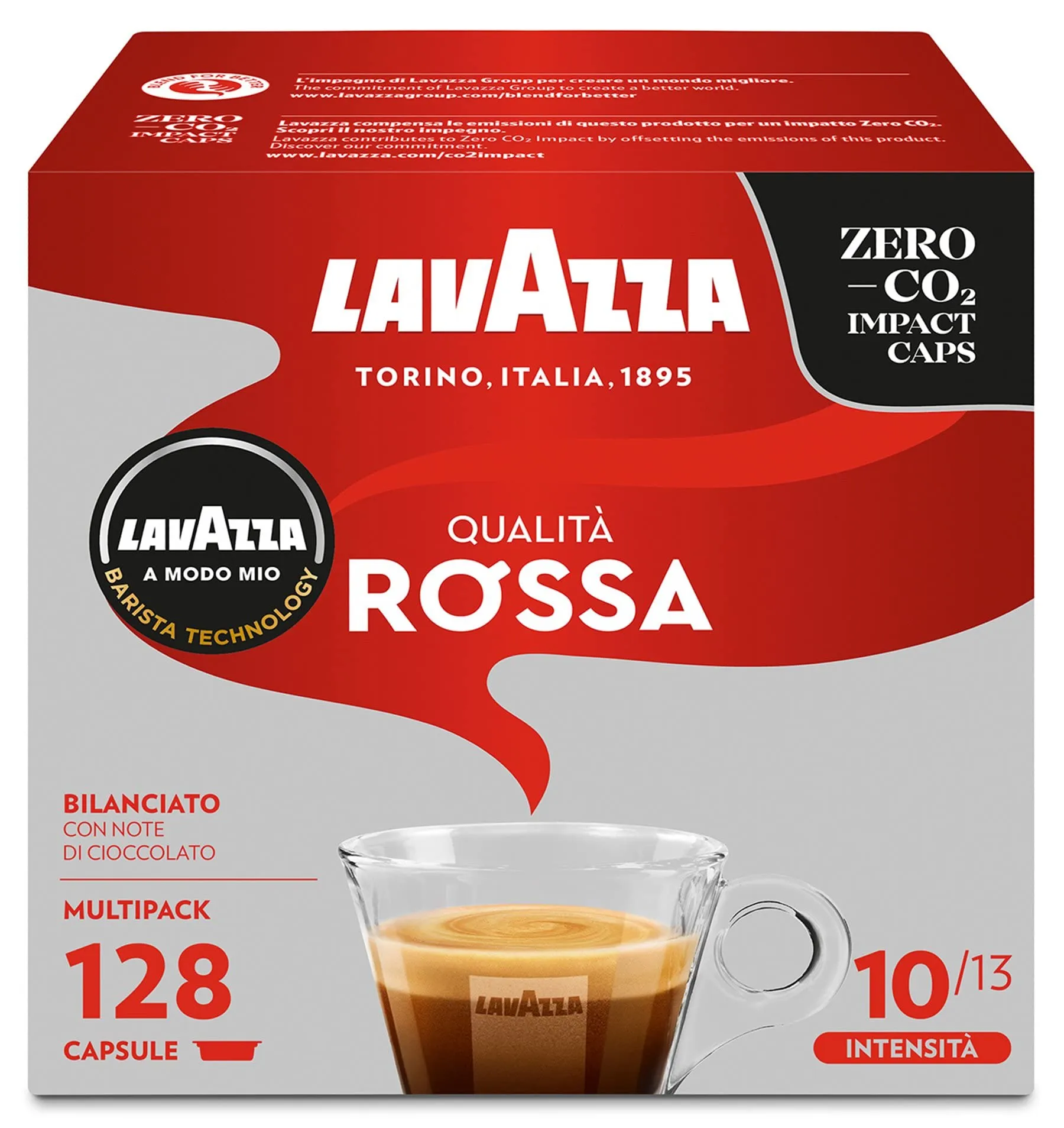 Lavazza A Modo Mio Qualità Rossa, 128 Capsule Caffè, per un Espresso con Note di Cioccolato e Frutta Secca, Arabica e Robusta, Intensità 10/13, Tostatura Media, 8 Confezioni da 16 Capsule
