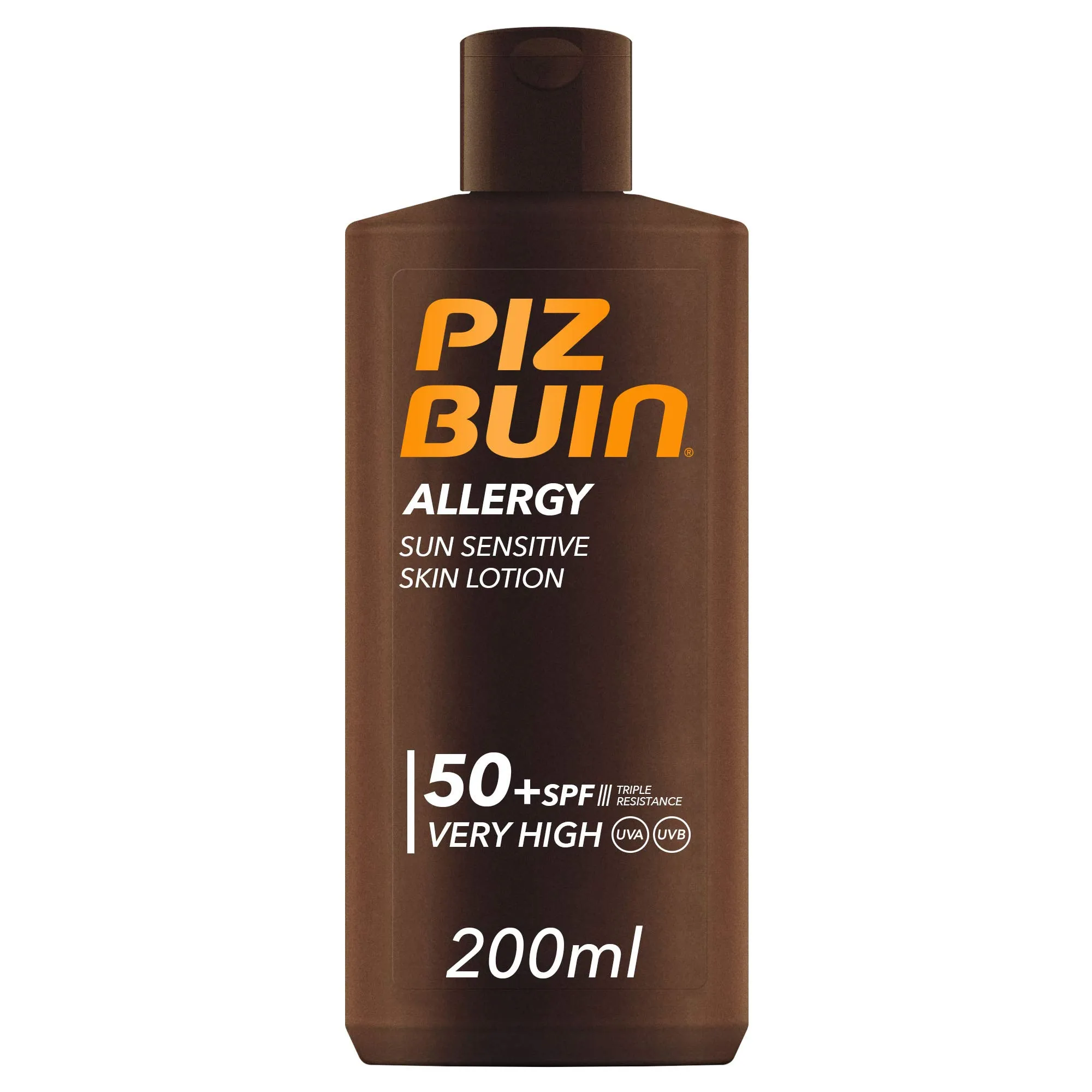 PIZ BUIN Allergy Latte Solare SPF 50+, Crema solare 50+ per pelli delicate e sensibili al sole, Protezione solare 50+ con filtro solare UVA/UVB, Latte solare SPF 50+ resistente all'acqua, 200 ml