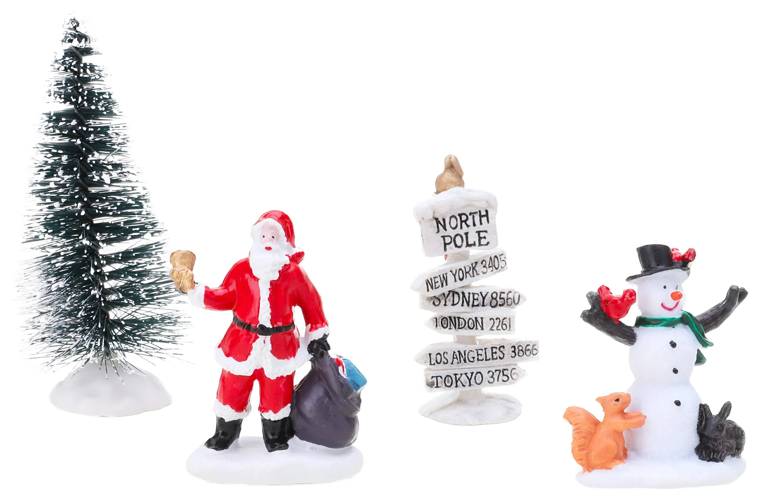 Toyland® - Mini ornamento da collezione in resina, motivo natalizio con scritta in lingua inglese "Village Scene Accessori", motivo: Babbo Natale, pupazzo di neve, albero e polo nord, 10 cm x 4 cm