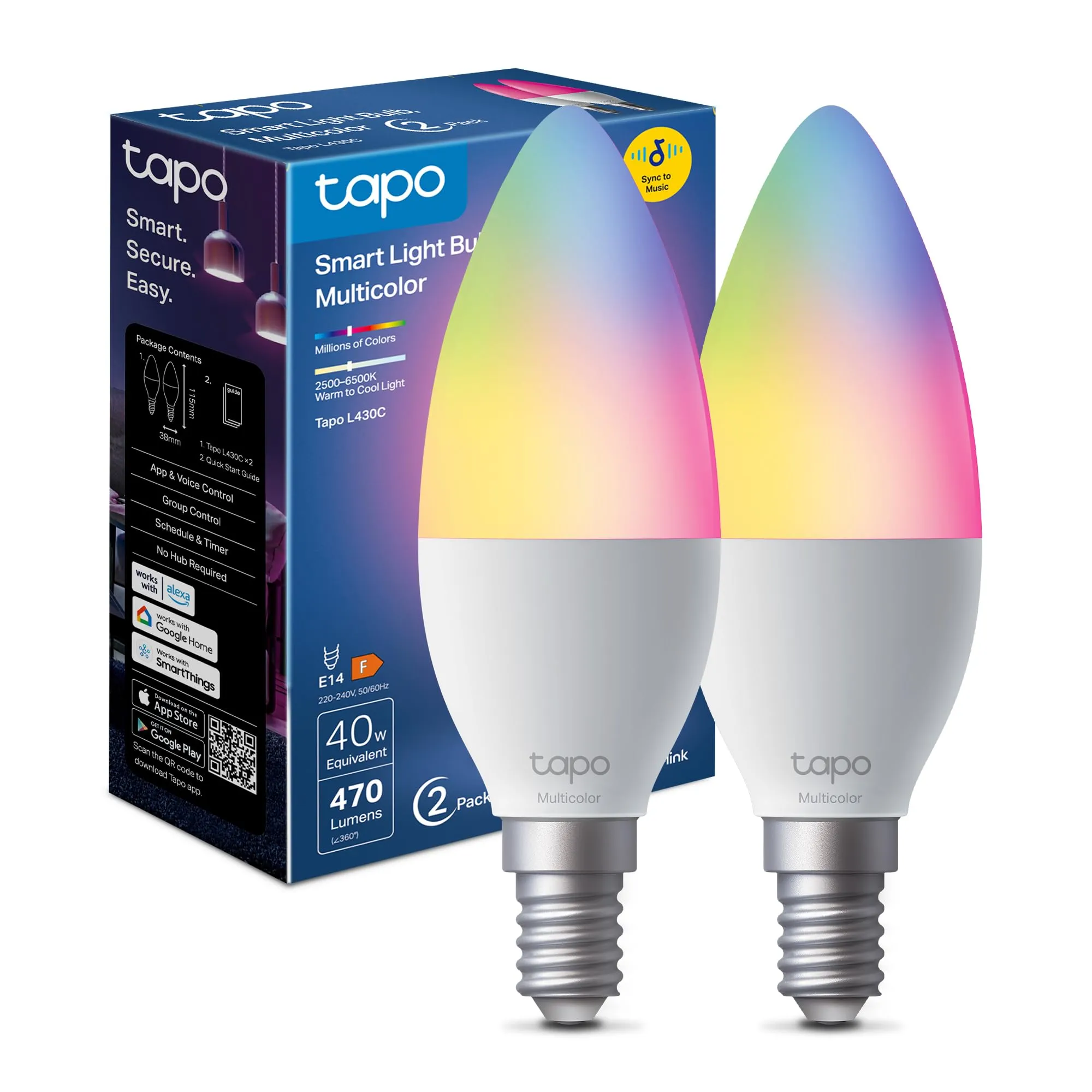 Tapo L430C Lampadina Alexa E14 Multicolore e Dimmerabile a Doppio Strato, 2500-6500K, Sync-to-Music,Illuminazione Automatica del Bioritmo, Programazione & Timer,Compatibile con Alexa e Google, 2 pezzi