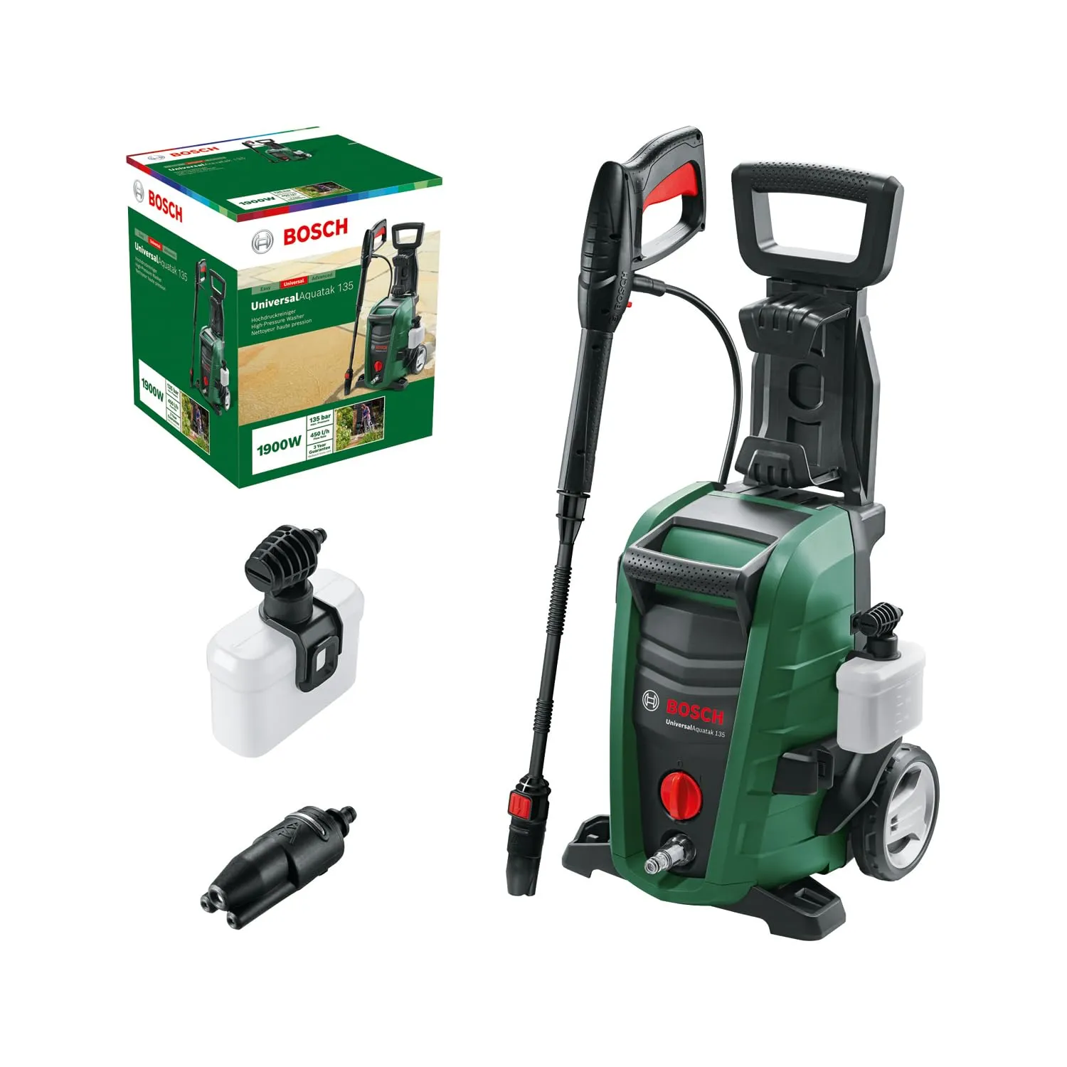 Bosch Idropulitrice UniversalAquatak 135, 2 ugelli, filtro per l’acqua, pistola ad alta pressione, tubo flessibile da 7 m, cavo da 5 m, potenza 1900 Watt, pressione: 135 bar, portata max.: 410 l/h