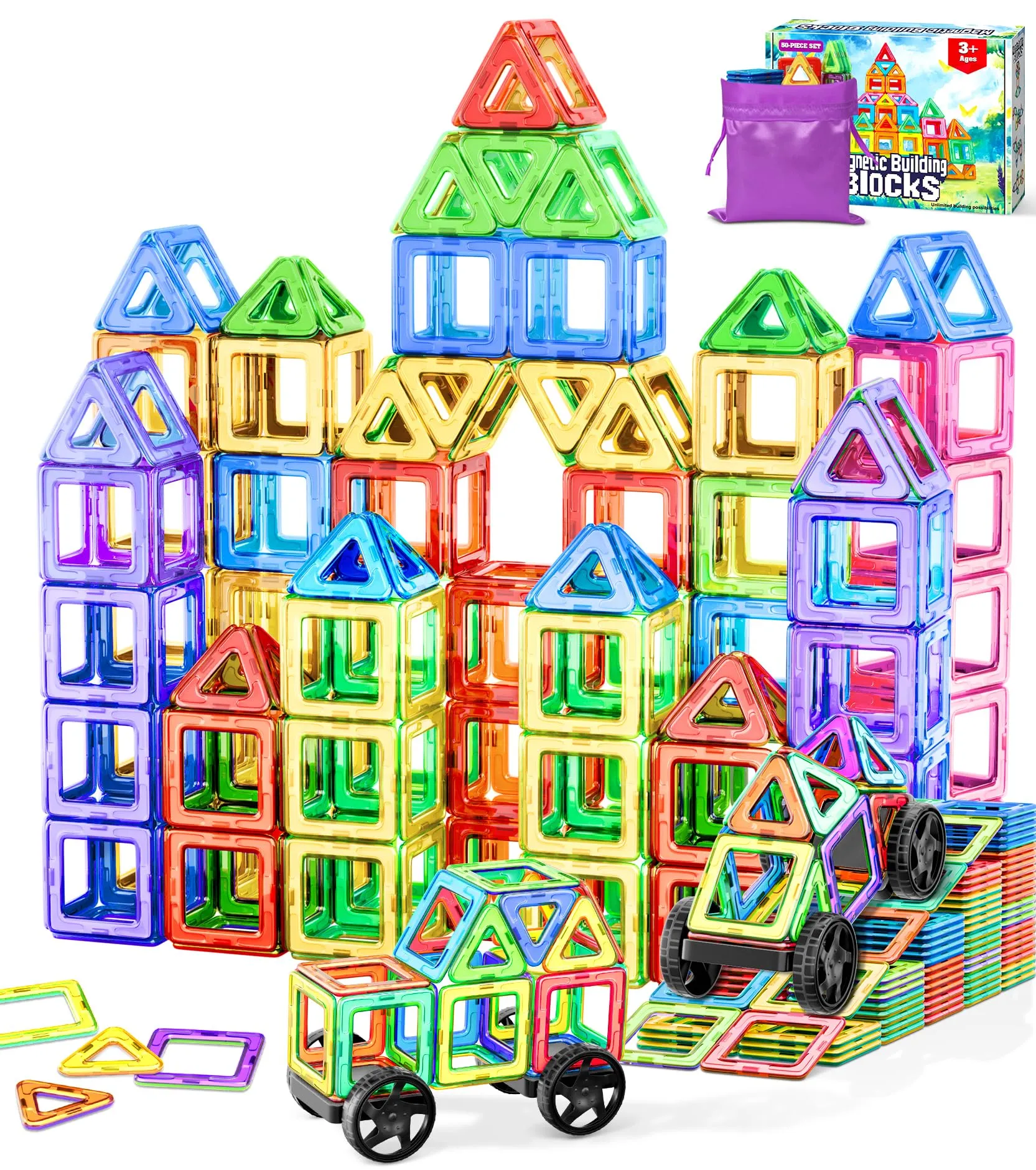 COOLJOYA Costruzioni Magnetiche 50 Pezzi, Costruzioni per Bambini 3 Anni Magneti Bambini, Costruzioni Magnetiche per Bambini, Giochi per Bambini Giochi Montessori, Giochi Bambini 2 3 4 5 6 7 8 Anni