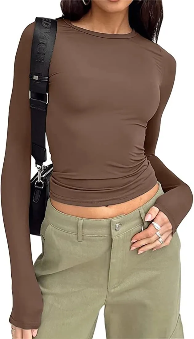 WINKEEY Essentials T-Shirt Maglietta a Manica Lunga Donna Maglia Sexy Elegante Camicia Basic Shirt Y2K Crop Top Slim Fit Girocollo Maglie, Marrone M