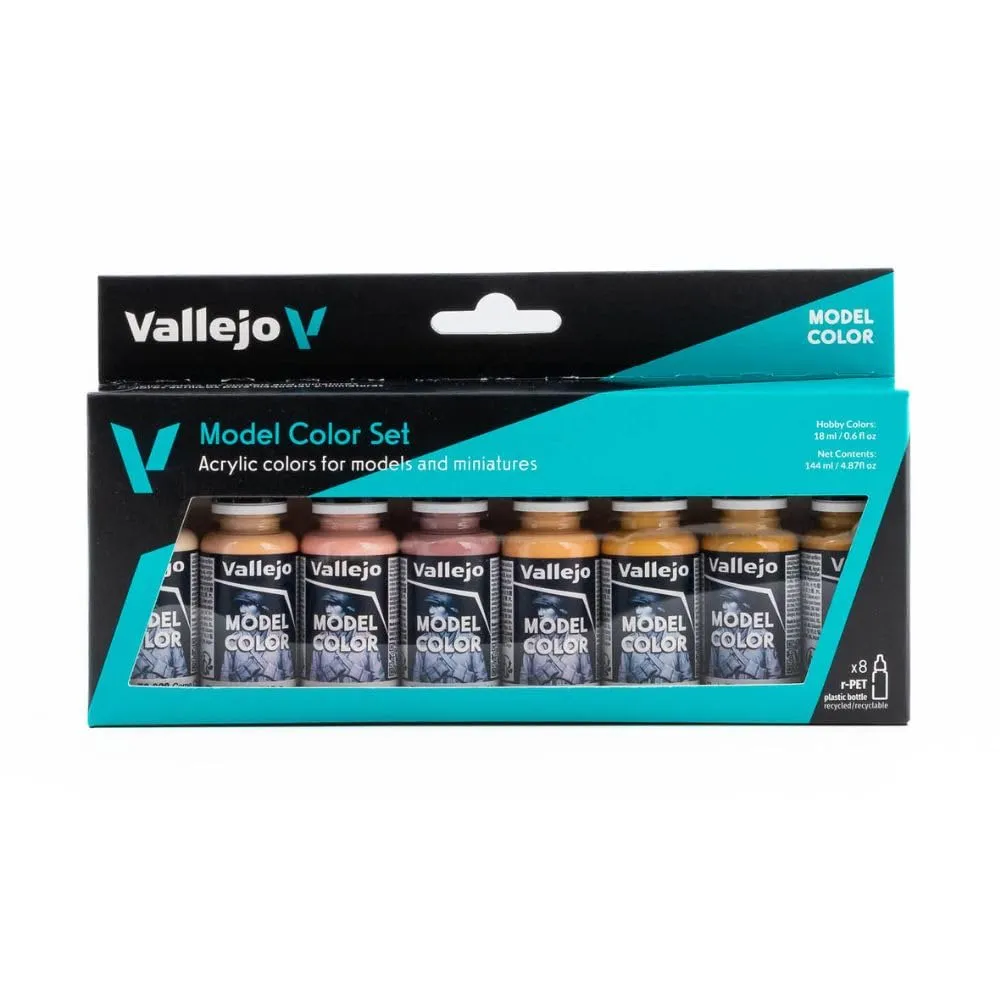 Vallejo Set di Pittura Acrilica Model Color, 8 Colori per Tono di Pelle e Carne, Finishing Opaco, Bottiglie da 18 Ml con Cuentagotas per Modellismo