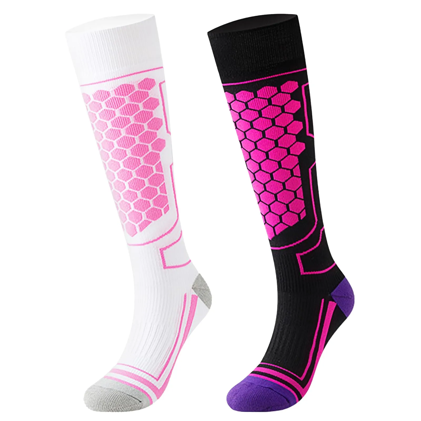QBEJIME Confezione Da 2, Calze Termiche Da Sci Per Uomo e Donna, Calzini Imbottite Per Sci Calze Da Sci Uomo,Calzettoni Per Neve,Calza Da Montagna (Purple/White 35-41)