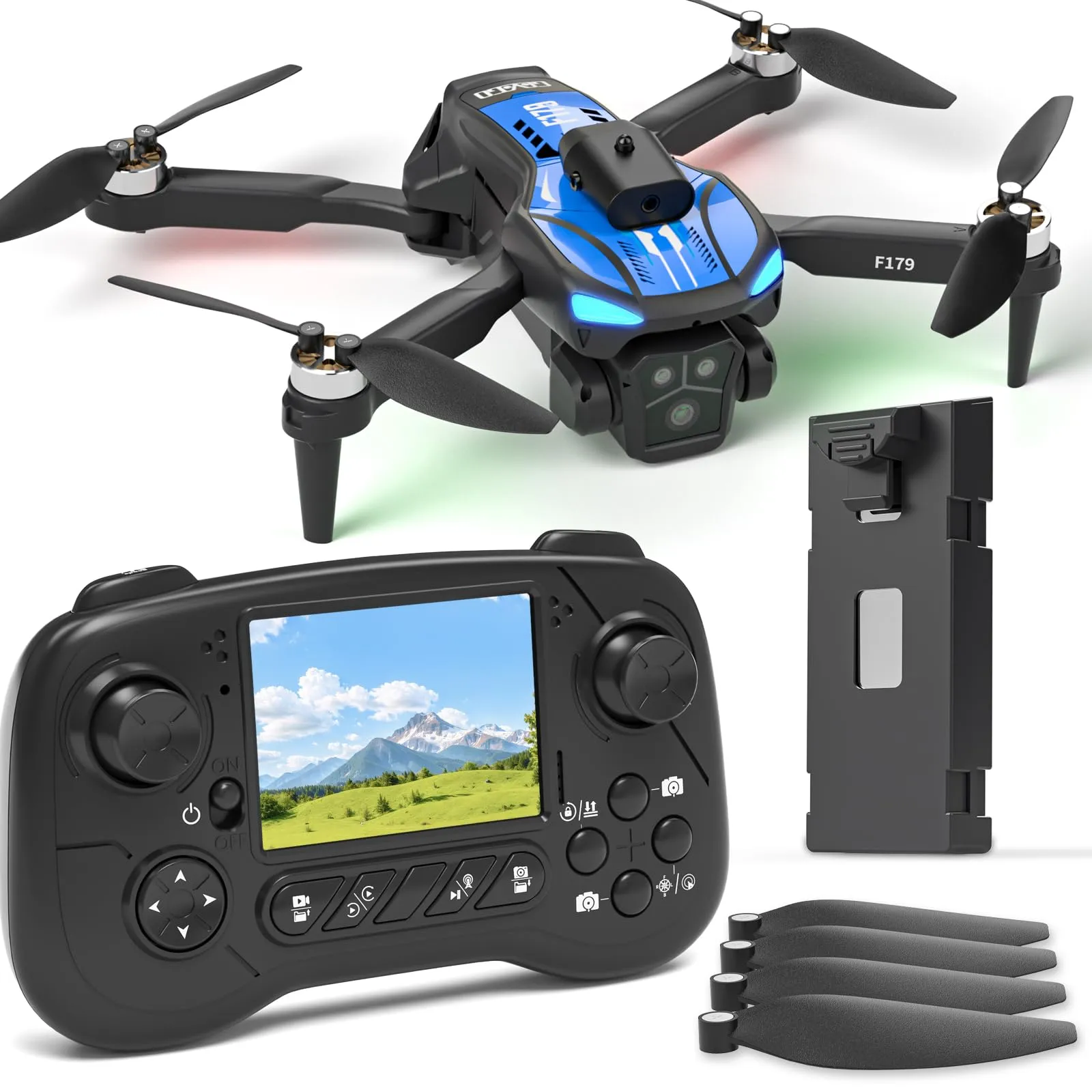 F179 Drone con Camera 1080P, Motori Brushless, Evitamento Ostacoli & WIFI, Volo Waypoint, Traiettoria, 3D Flip, Posizionamento Flusso Ottico, Lente 90°, Portatile per Adulti/Principianti