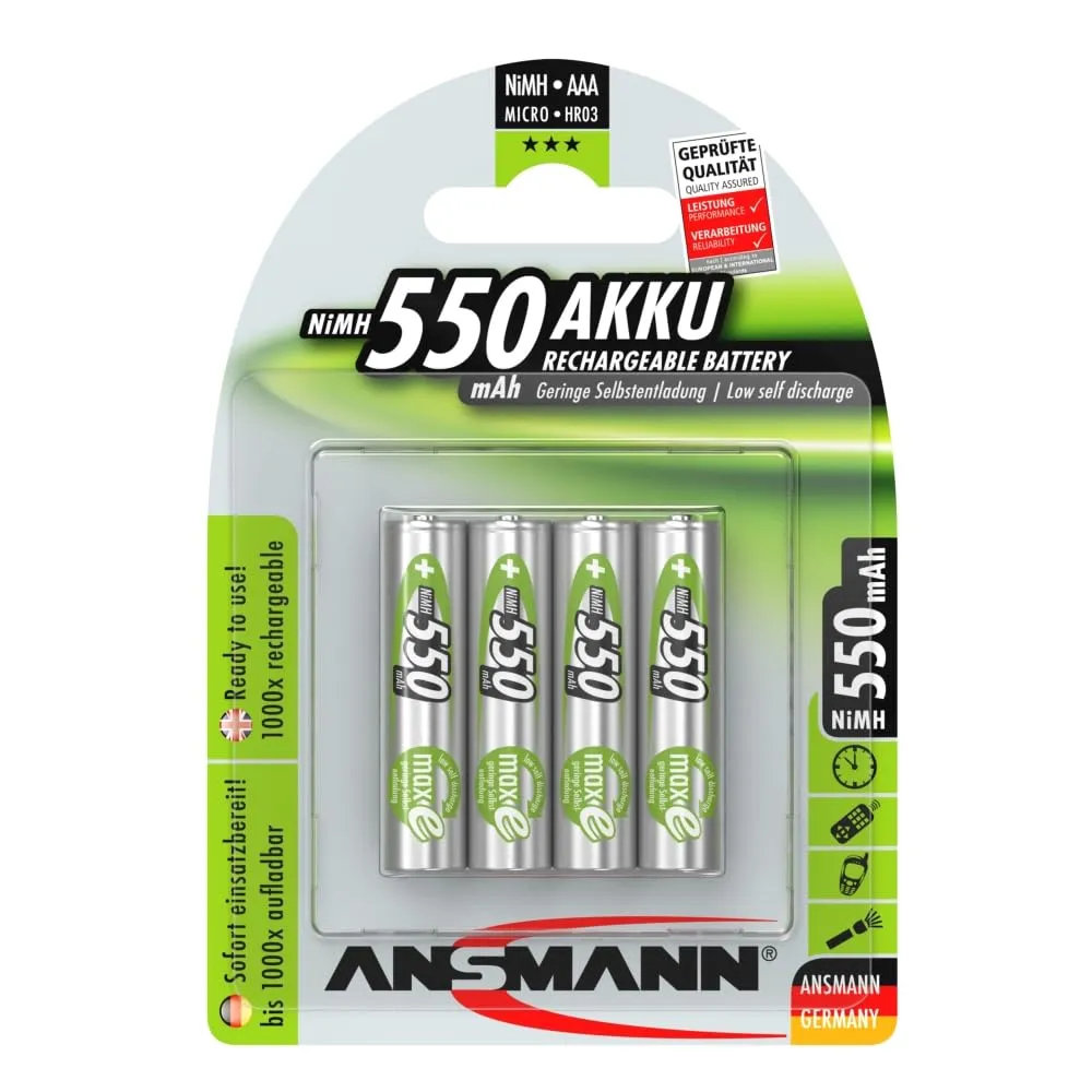ANSMANN 4x Batterie ricaricabili mini stilo AAA - 550 mAh 1,2 V NiMH - Pila a ricarica veloce - fino a 1000 cicli di ricarica eco-friendly