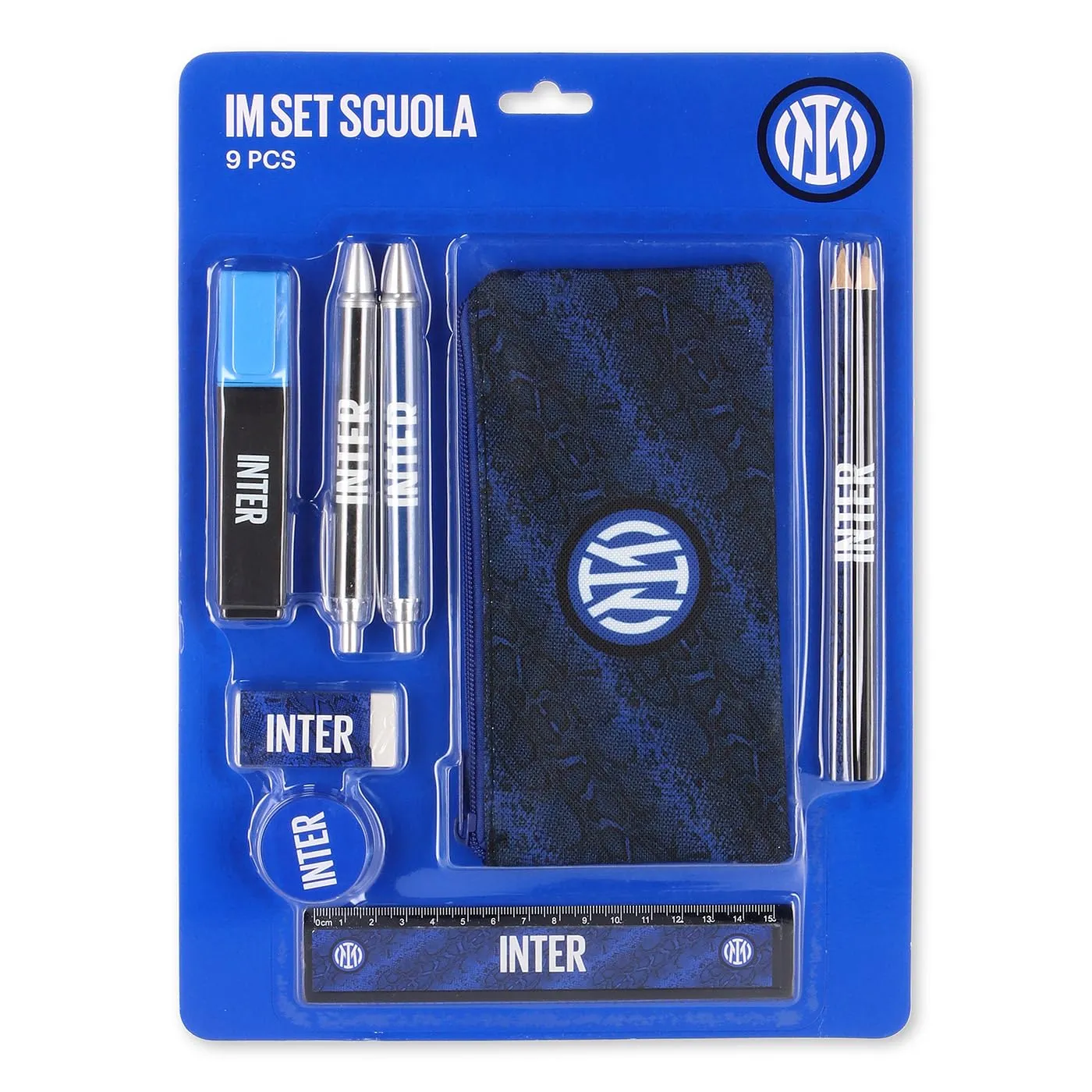 Inter linea Home - Set scuola con astuccio, righello, temperino, gomma, 2 penne, 2 matite ed evidenziatore, Blu Royal con stampa Snake e logo ufficiale