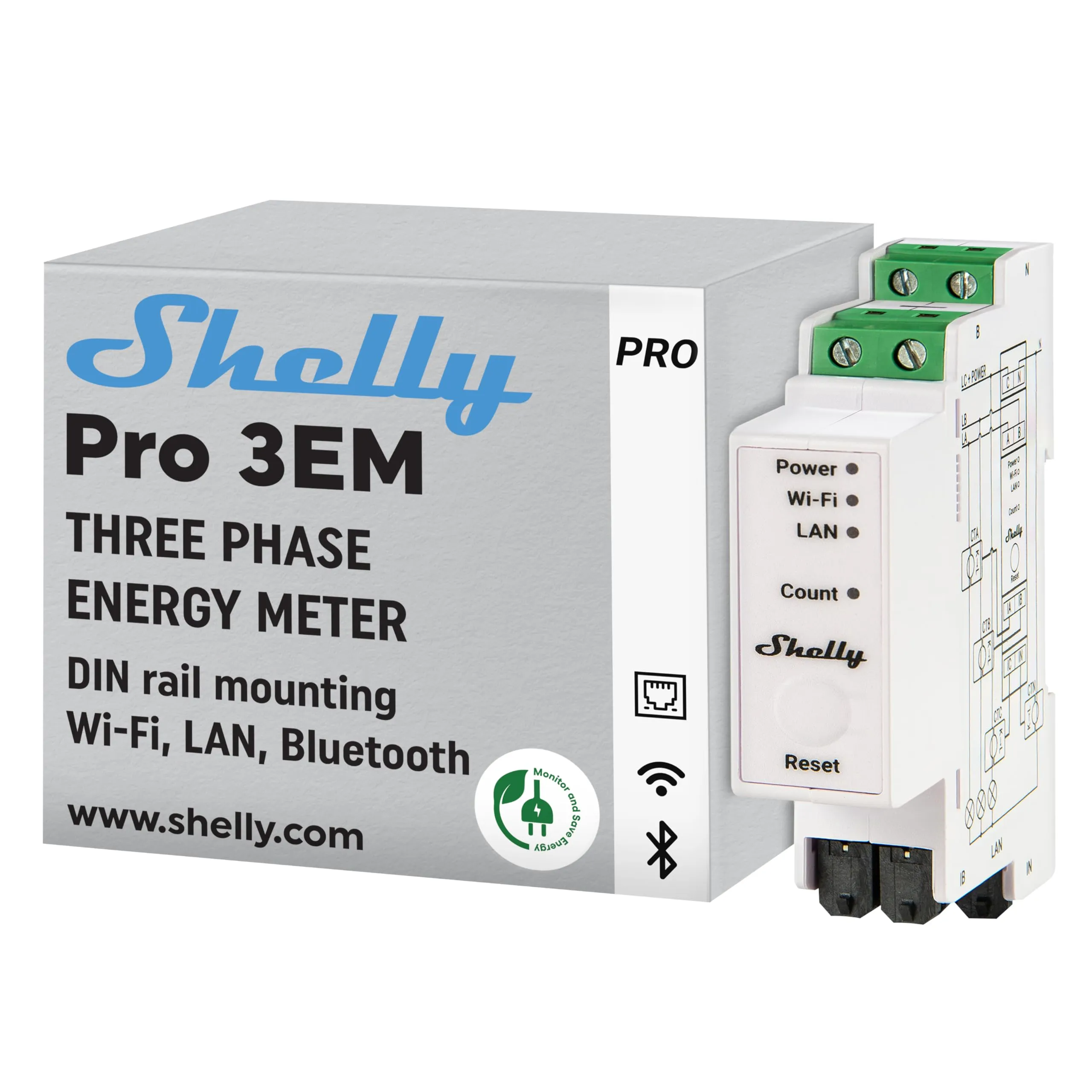Shelly Pro 3EM (120A) - Misuratore di Energia Trifase Smart Wi-Fi & LAN, su Guida DIN, Monitoraggio in Tempo Reale di Tensione e Corrente, Nessun Hub Richiesto, Contabilizzazione Solare, Alexa Google