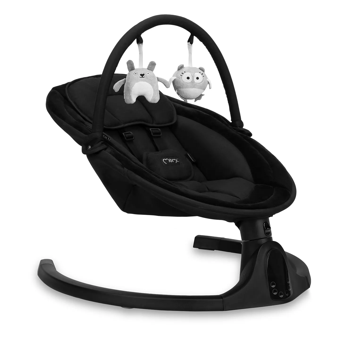 Sdraietta MoMi KENANI ONYX per bambini fino a 9 kg, con display LED, telecomando, Bluetooth, alimentazione a batteria o elettrica, cintura di sicurezza a 5 punti, aro e giocattoli