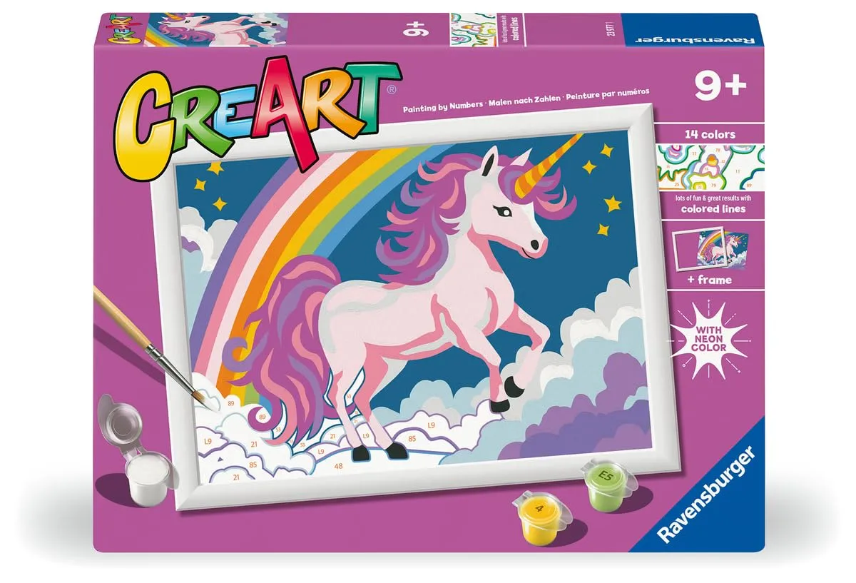 Ravensburger - Creart Serie D Unicorno Rosa Fluo | Kit Pittura Bambini | Dipingere Con I Numeri Include Tutto Il Necessario | Giochi Bambini 9 Anni O Più | Creart 9 Anni