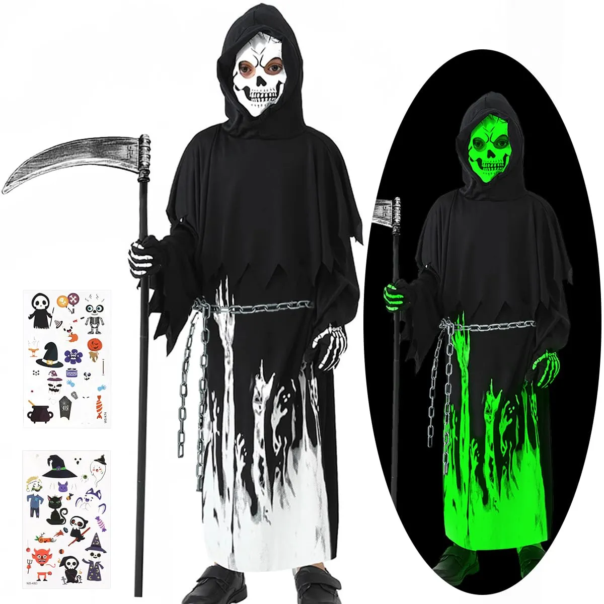 HUKUMA Halloween Costume Bambino,Costumi Halloween Bambini,Costume da Tristo Mietitore con Fosforescente Maschera,Guanti, Falce,Catena,Tatuaggi