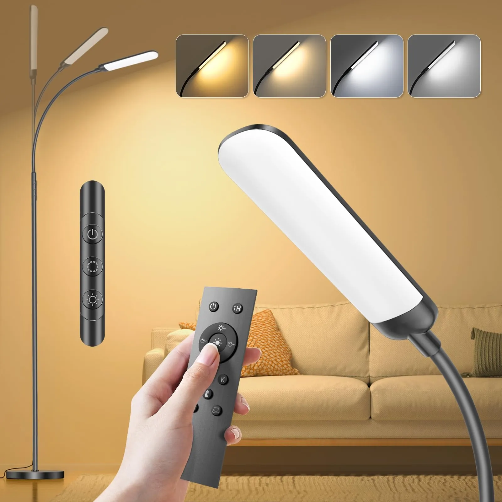 YICAIZI Lampada da Terra LED 18W 1200LM con Telecomando - 4 Tonalità di Colore & 4 Livelli Luminosità Regolabile - Piantana da Lettura per Soggiorno, Camera da Letto, Ufficio - Nero