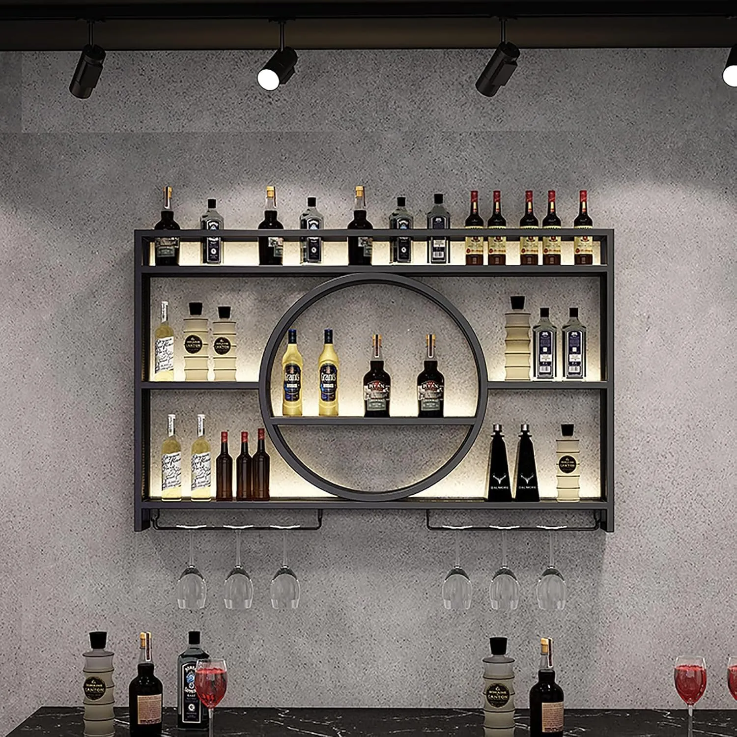 MANGGUO Espositore per vino moderno da parete in metallo, scaffale da bar con scaffali sospesi in vetro, espositore in ferro, scaffali per portabottiglie Black 100x15x80cm