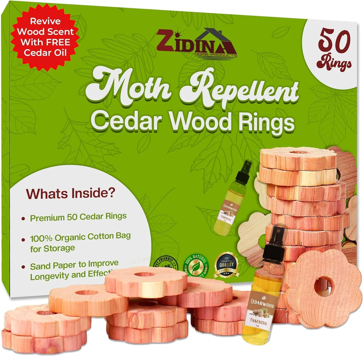 Zidina© Antitarme per Armadi Vestiti | 50x Anelli Legno di Cedro | Olio di cedro mini bottiglia 4,5ml incluso | 100% Naturale Anti Tarme per Armadio Tessuto | per Anti Tarme Armadio e Cassetti