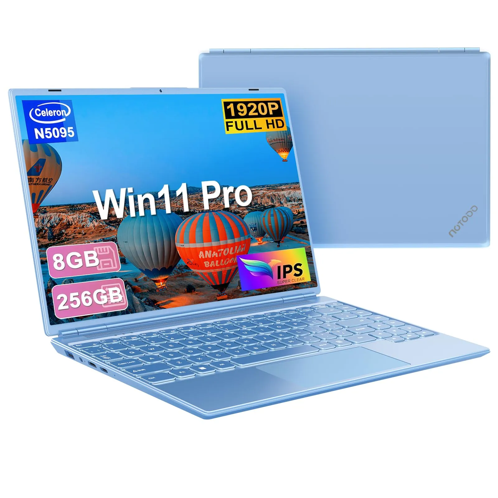NOTODD 2025 PC Portatile 14 Pollici Win11 Pro Celeron N5095 Computer Portatile 8GB RAM 256GB SSD TF 1TB LPDDR4 1920 * 1200 Laptop Type-C Mini HDMI Widevine L1 Con il Topo Tastiera Film Italiana-Blu