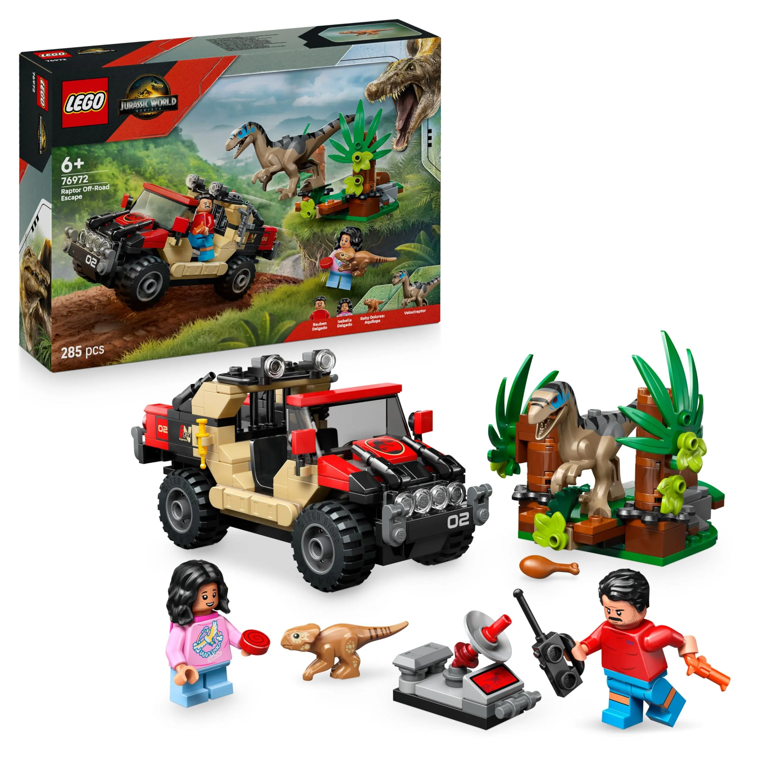 LEGO Jurassic World Fuga dal Raptor sul Fuoristrada - Include 2 figure di Dinosauro Giocattolo, una Macchina e 2 Minifigure - Regalo per Bambini e Bambine da 6 Anni Fan del Film La Rinascita - 76972