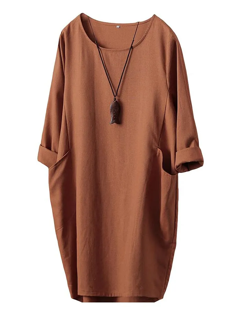 FTCayanz Donna Vestito Tunica T-Shirt Lino Abito Manica Lunga Mini Sciolto Abiti Elegante Arancia XL