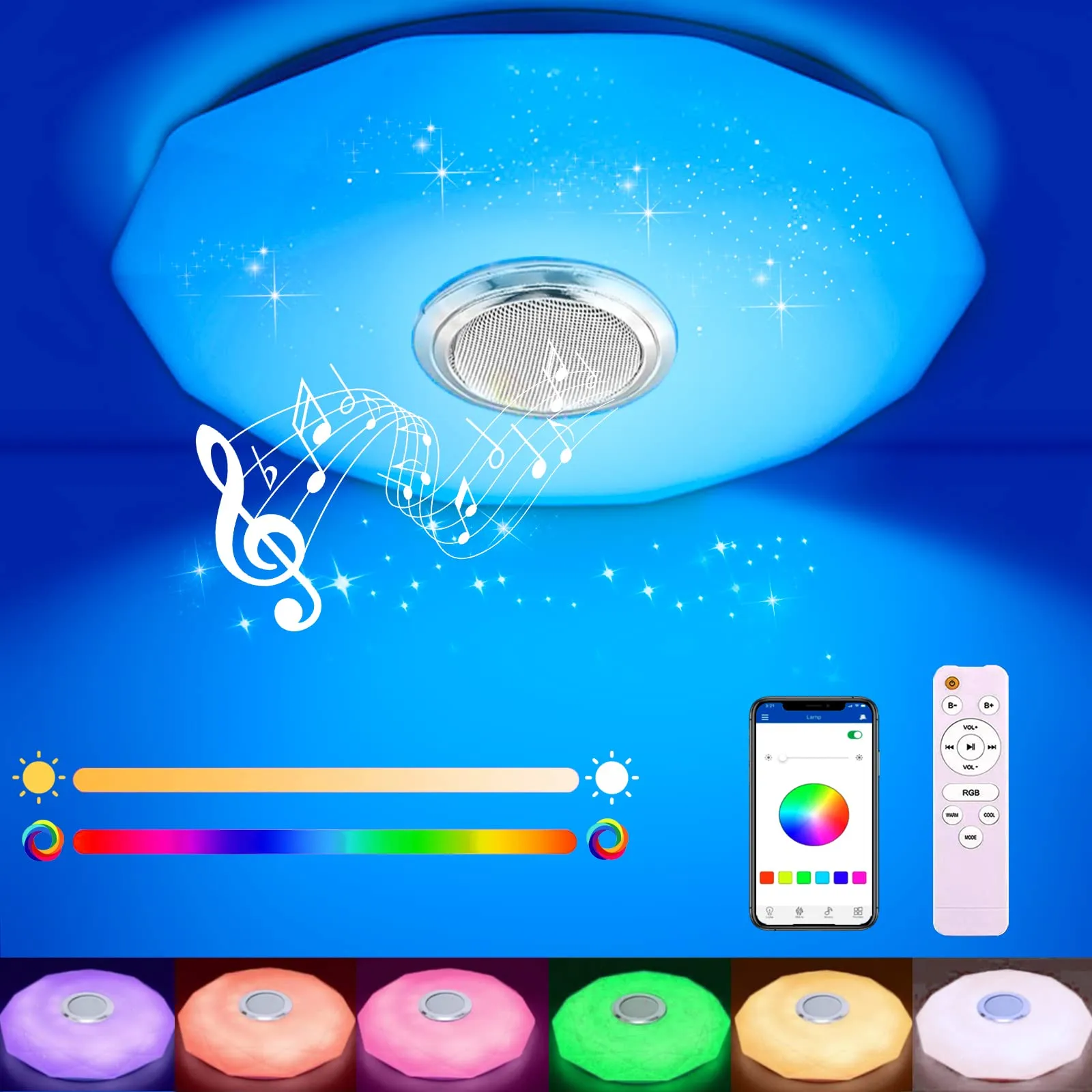 Wholede Plafoniera LED con Altoparlante Bluetooth, Ø28cm, Cambio Colore RGB Dimmerabile, Lampada con Telecomando e Controllo APP, Funzione di Temporizzazione e Memoria, per Soggiorno, Bagni