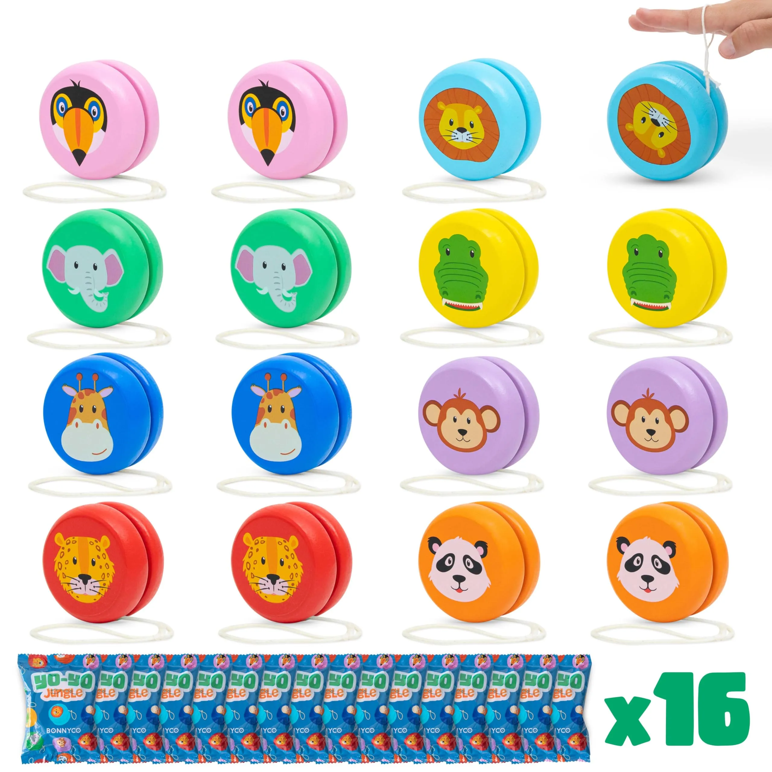 Yoyo Bambini Legno Pack 16 Animali della Giungla - BONNYCO | Yo Yo Gadget Compleanno Bambini, Mini Giochi Regalini Fine Festa Compleanno, Regalino Fine Festa Dopo Invitati | Pensierini Giochini Scuola