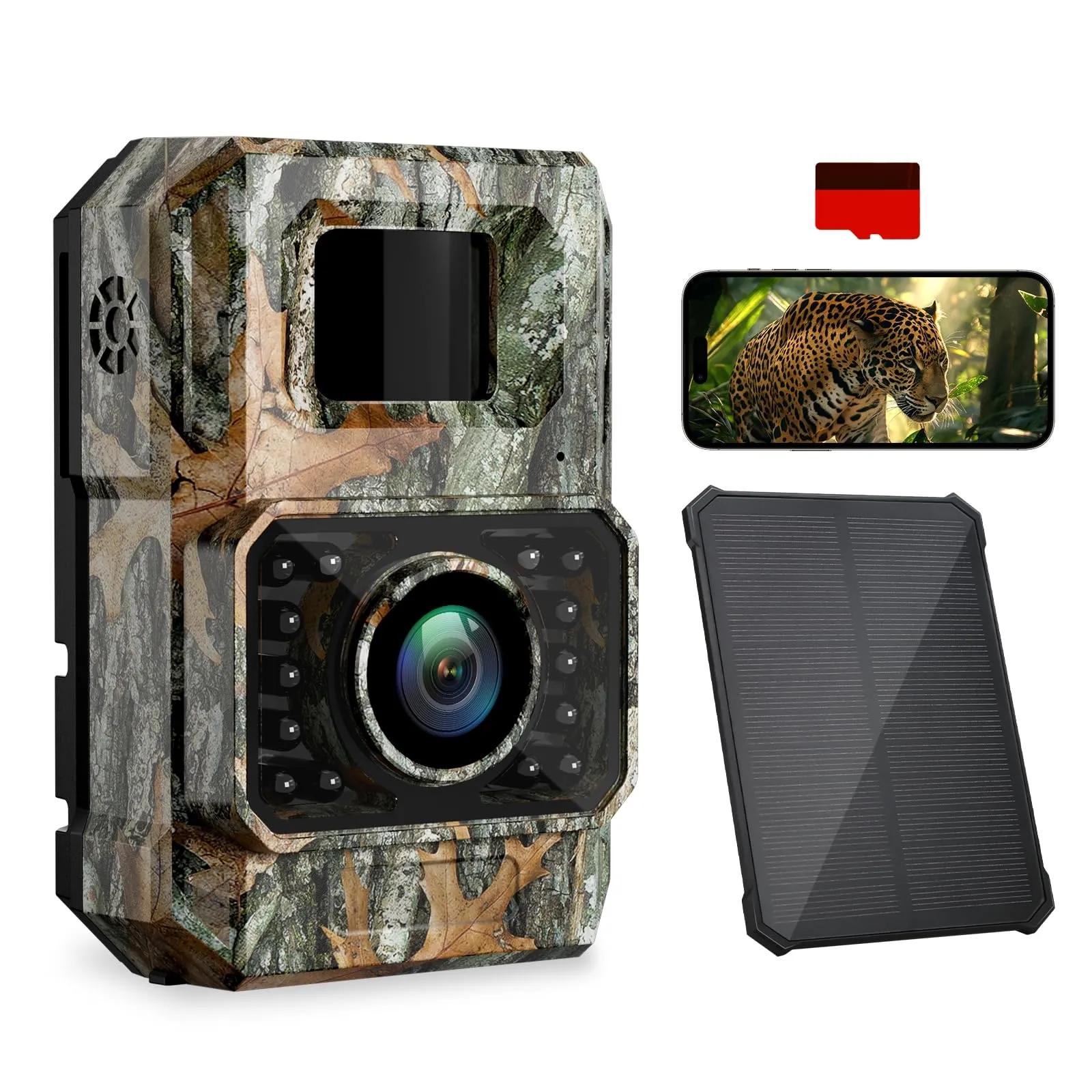 Coolifepro Fototrappola con Pannello Solare, 48MP 30FPS WIFI Bluetooth e App Fototrappola con Batteria al Litio Ricaricabile Integrata da 2000mAh, Angolo di Rilevamento 100° con scheda SD da 32GB