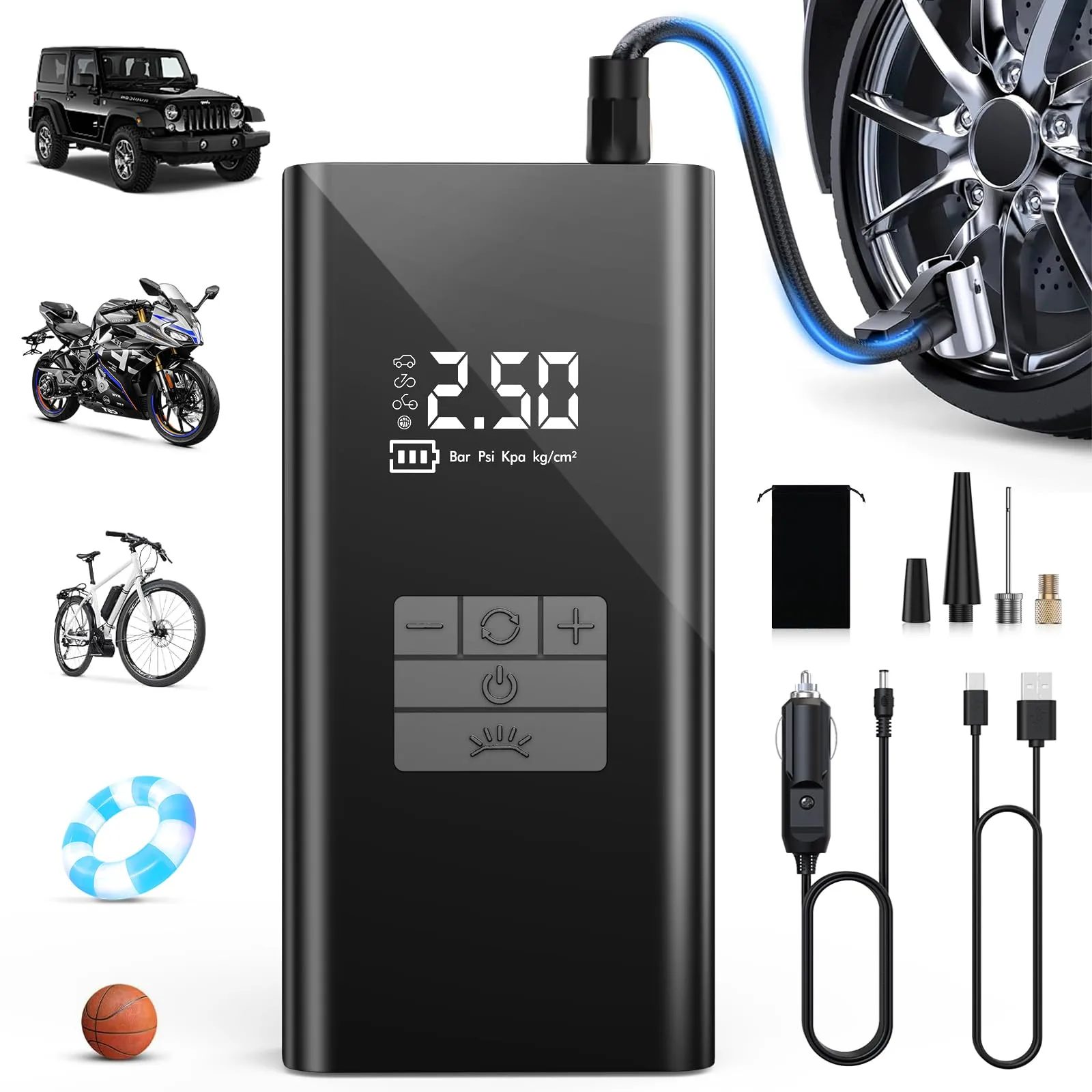 DIHOOM Compressore Aria Portatile - Pompa per Bicicletta da 45L/min con Supporto per Power Bank, Illuminazione a LED, Batteria da 6000mAh, Ideale per Auto, Biciclette, Motociclette e Palloni