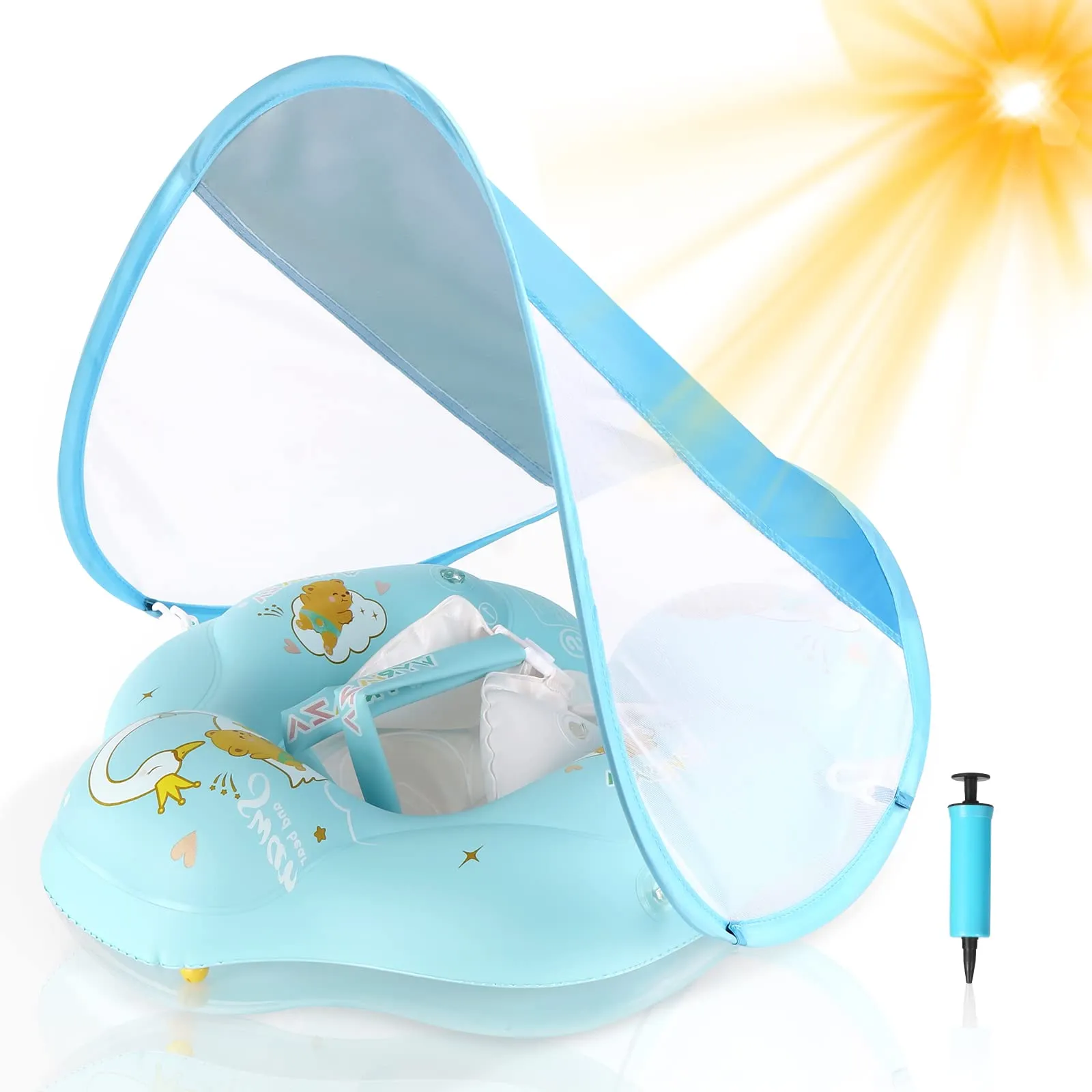 WYRIAZA Salvagente Neonato con Parasole SPF 50+ | Ciambella Neonato Mare Aggiornato con Sfera di Equilibrio per Evitare Il Ribaltamento | Salvagente Neonato 5-16Kgs