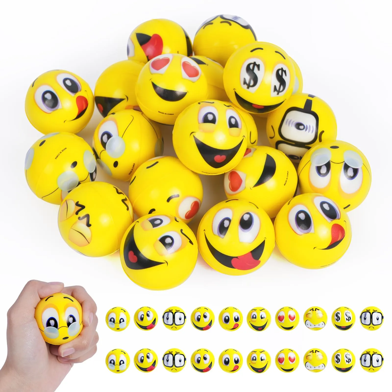 Ainiv 20 Palle Antistress con Faccina Emoji per Bambini e Adulti, Palline Squeeze Antistress in Schiuma, Mini Molteplici Espressioni Palle Antistress per Festa, premi, Regali di Compleanno, Giallo