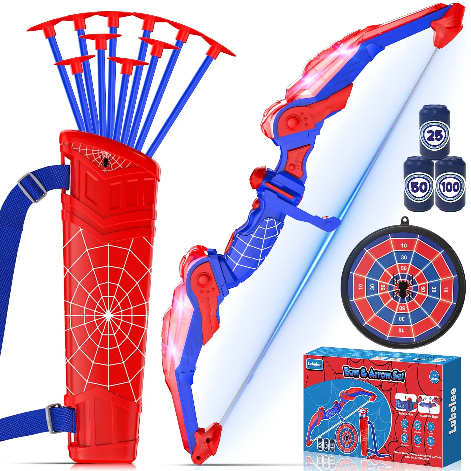 Lubolee Arco e Frecce per Bambini con Luce LED, Giocattoli da Esterno per Bambini dai 3-12 Anni, Giochi da Esterno per Bambini con Arco, Faretra, 10 Frecce, Bersaglio Sospeso e 3 Canister Targets