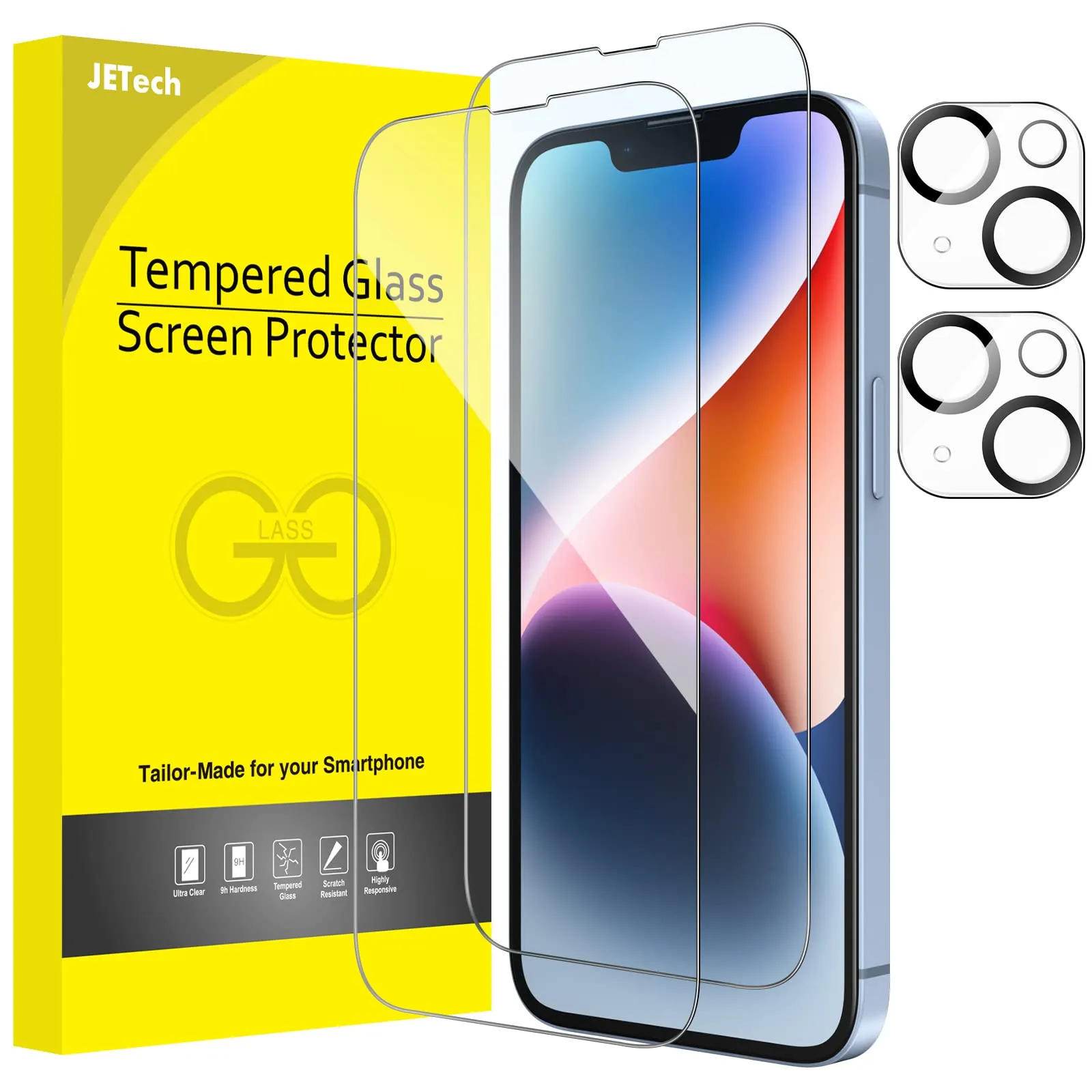 JETech Pellicola Protettiva a Copertura Totale per iPhone 14 6,1 Pollici con Protezione di Obiettivo Fotocamera, Vetro Temperato Film Completa, HD Chiaro, Pacco da 2 Ciascuno