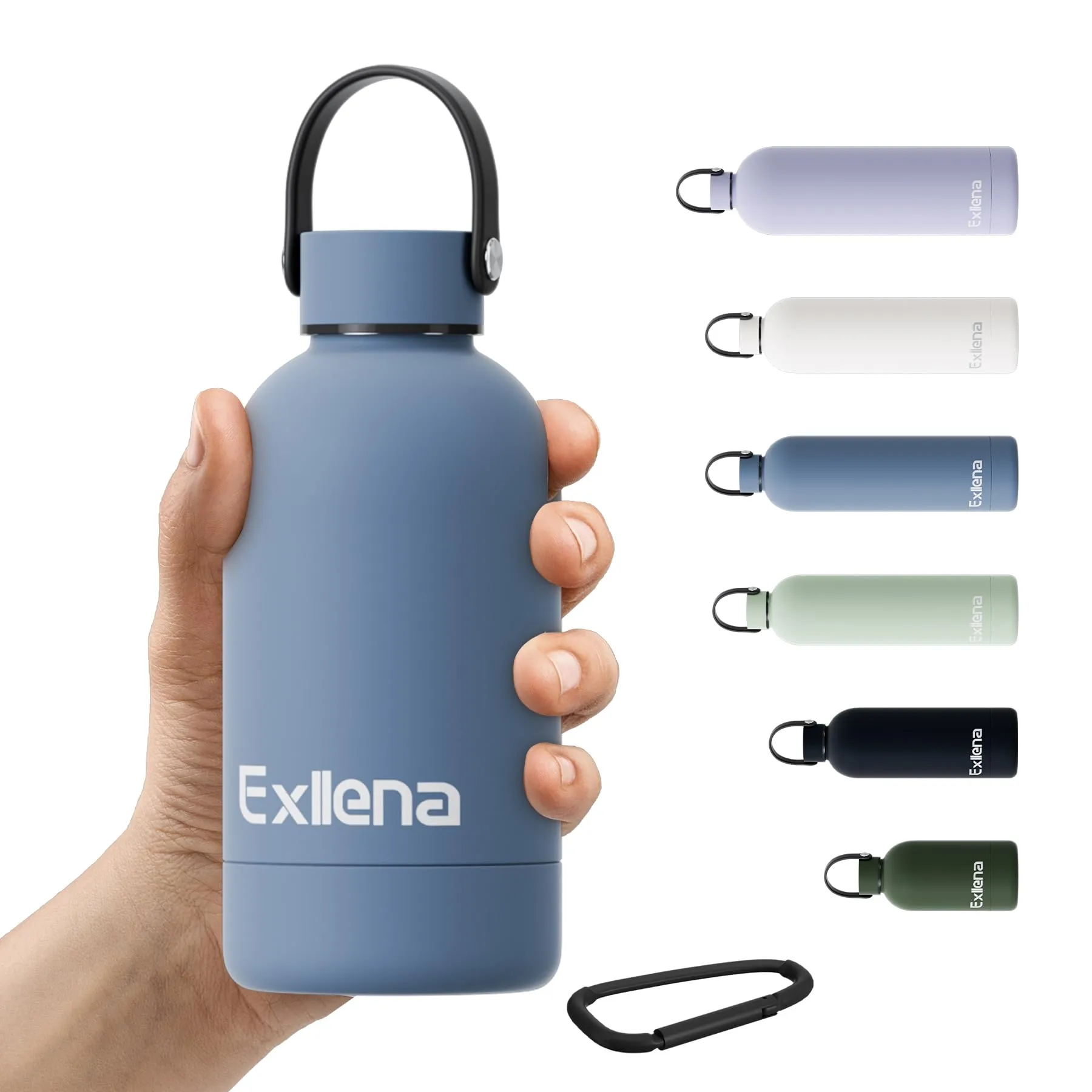 Exllena Borraccia Termica Piccola 350ml con Maniglia e Moschettone - Mini Borraccia Mantenere Calore/Freddo - Senza BPA - 100% A Tenuta Stagna per Escursioni, Campeggio, Viaggi...(Blu Balena)